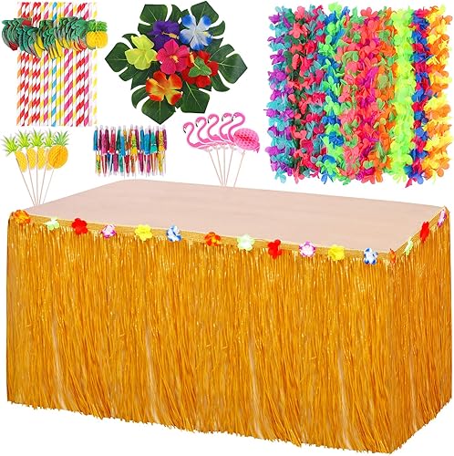 Elcoho Juego de decoraciones hawaianas para fiesta, falda de mesa de hierba tropical Luau con guirnaldas hawaianas, pajitas de papel 3D, flores