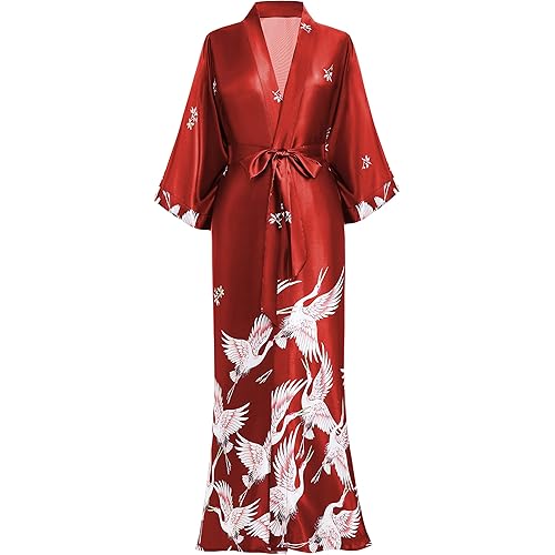 PRODESIGN Long Kimono Robe Satin Sleepwear Blouse Bathrobe Nightgown Silky Crane Kimono Cardigan Robe
