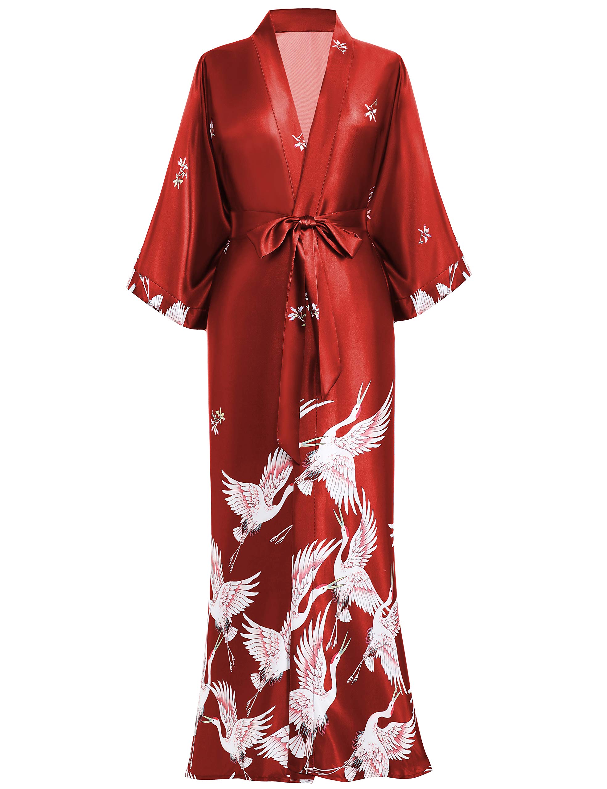 PRODESIGNLong Kimono Robe Satin Sleepwear Blouse Bathrobe Nightgown Silky Crane Kimono Cardigan Robe