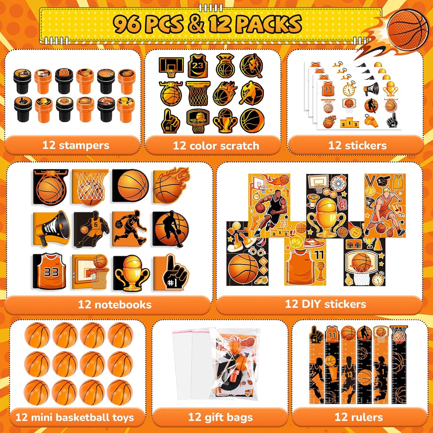BenLouis 96 Pcs Basketball Party Favors Basketball School Stationery Bulk for Kids Classroom Sports Birthday Gift Candy Goodie Bag Fillers Sports Boys Decor Pinata Prize Activity Supplies