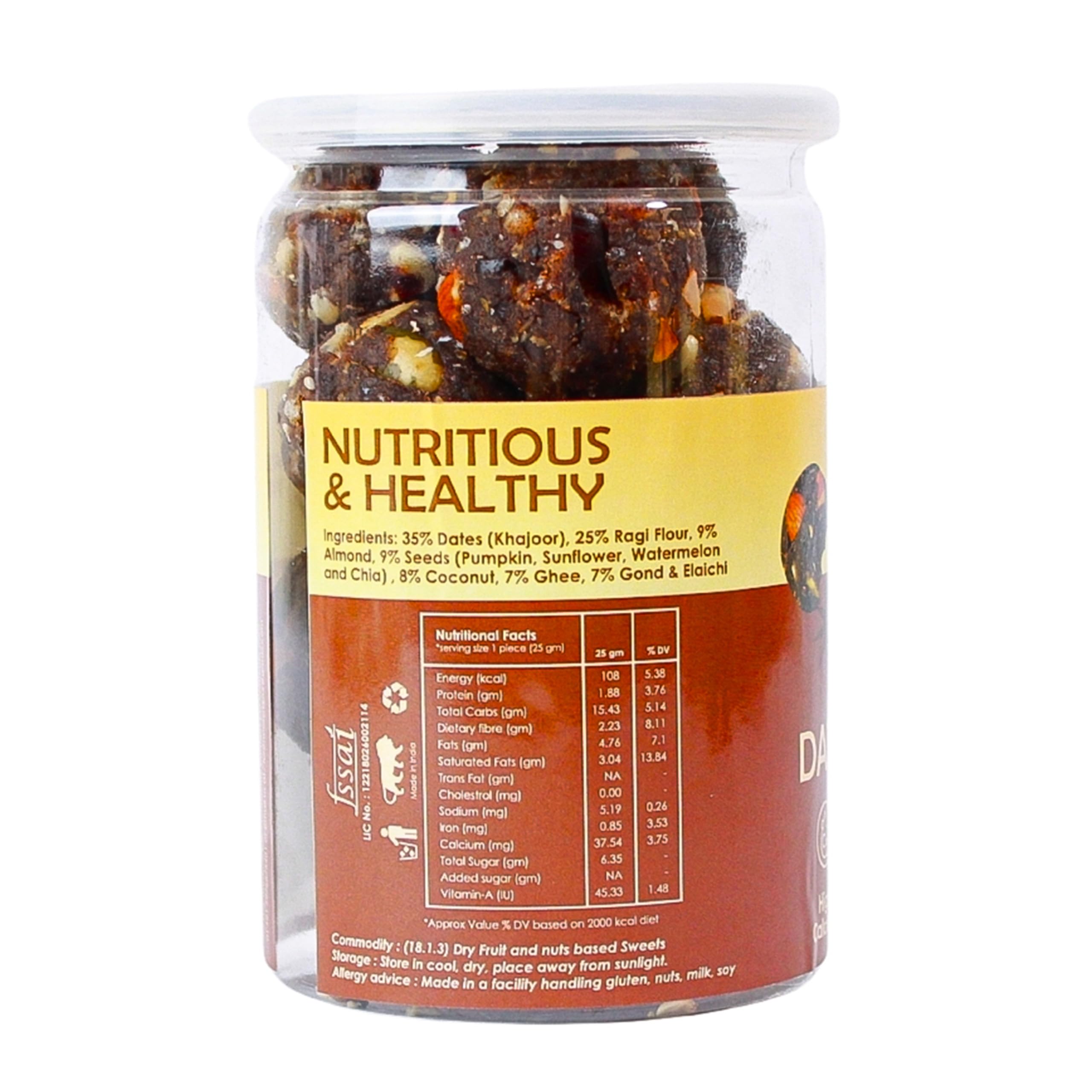 Fore Noon Ragi Dates Laddoo | No Added Sugar & Gluten-Free | High Calcium Indian Finger Millet Laddu (Mandua, Nachani, Nagli, Ragulu, Kelvaragu) | 100% Natural, No Flavours & Preservatives | Gond & Cow Ghee Snack for Kids, Pregnancy & Immunity Support | 225g Pack ( 9 x 25g )