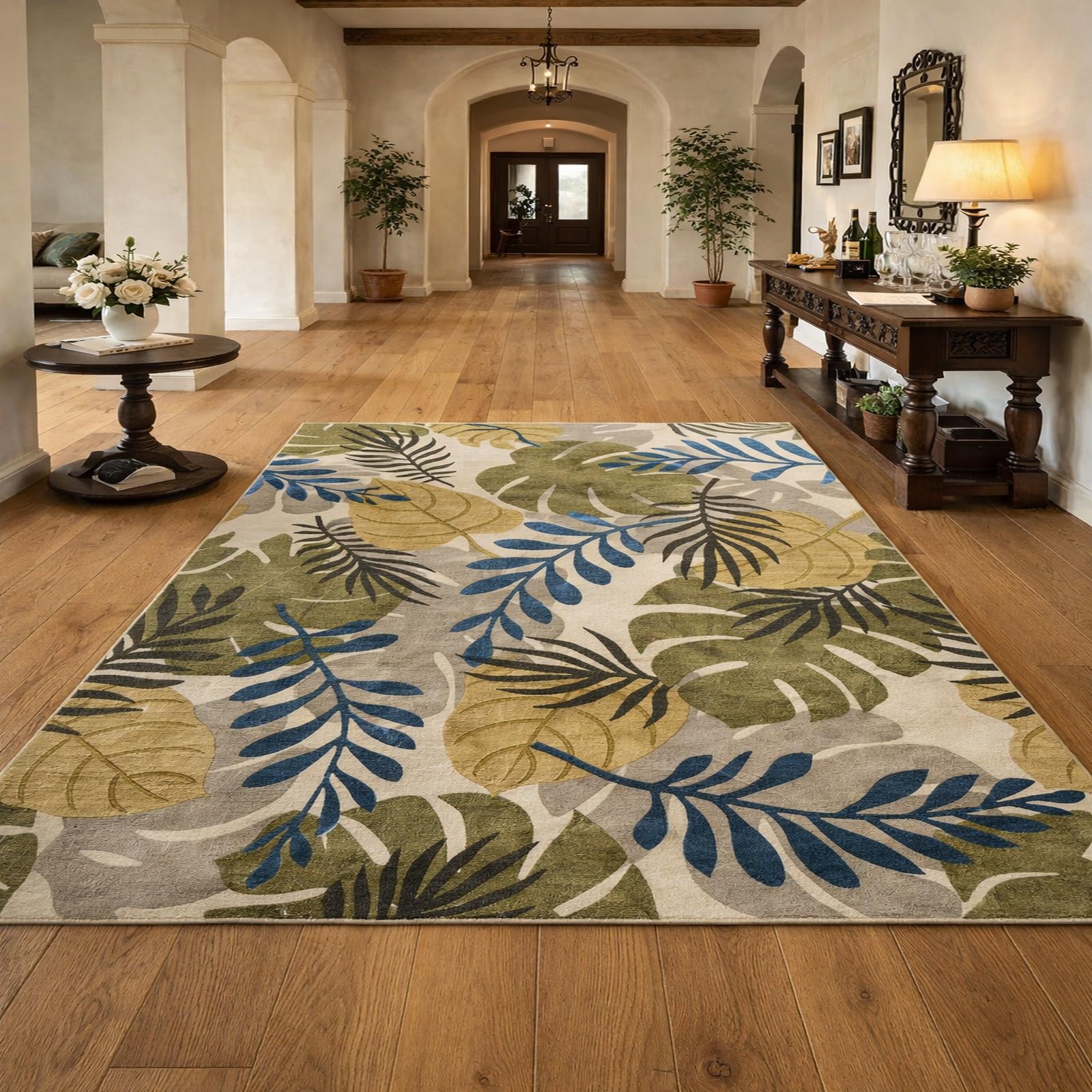 Alfombra lavable de 170 x 240 cm floral verde para decoración de salón y dormitorio
