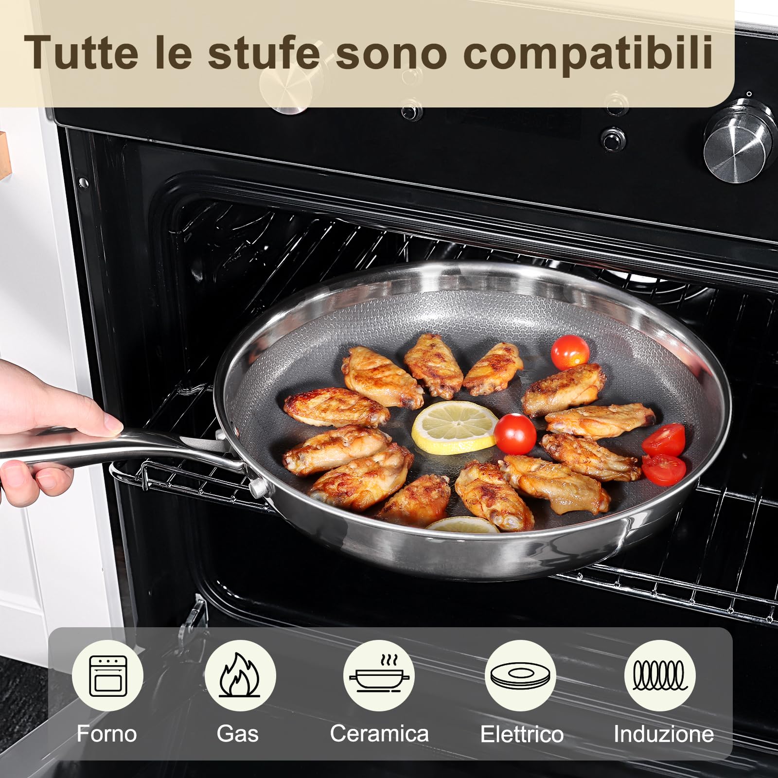 GiPP Padella in Acciaio Inossidabile Triplo Strato 30cm con Coperchio | Rivestimento Antiaderente a Nido d'Ape, Compatibile con Induzione, Gas, Elettrico, Sicura per Forno, Per Rosolare Friggere