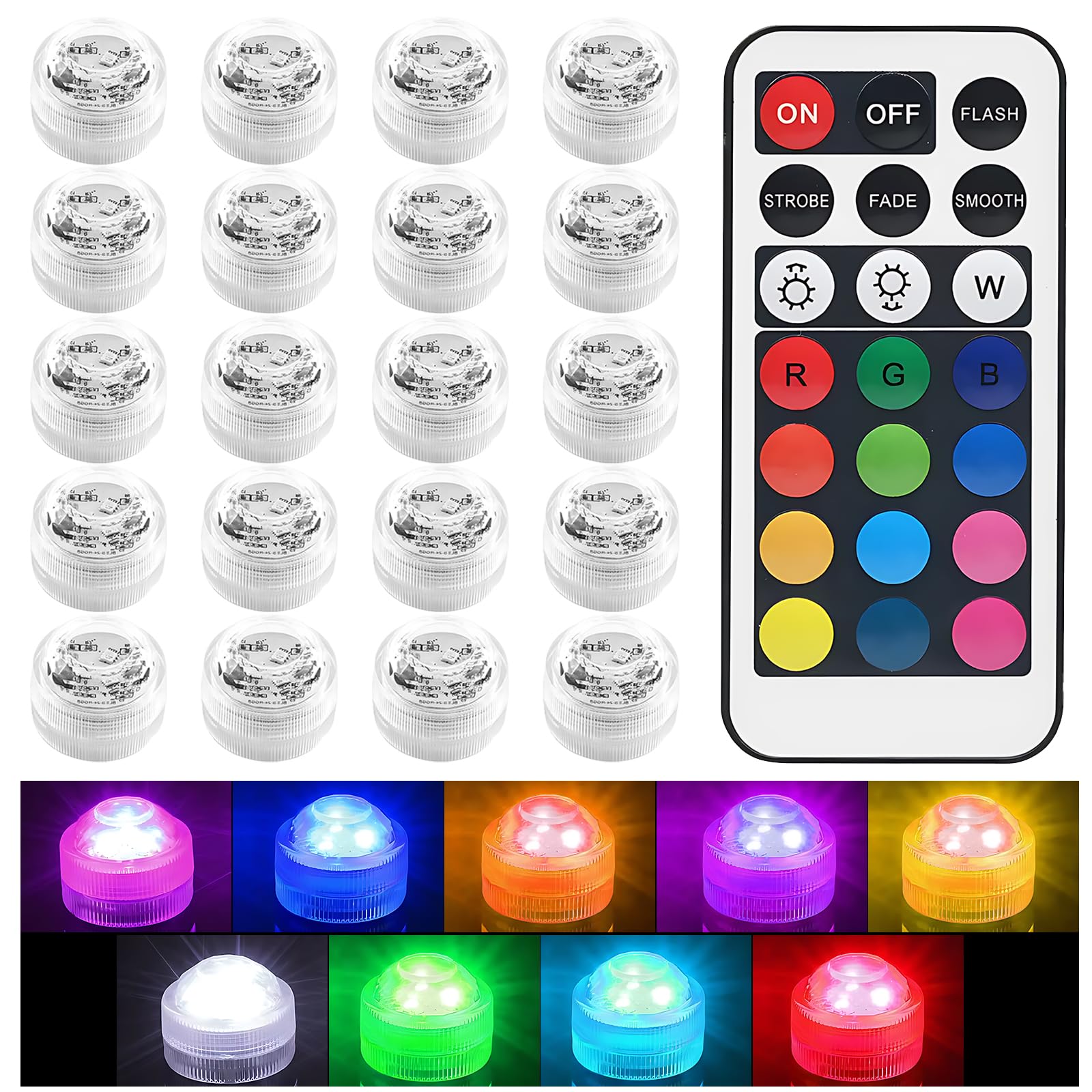 20 Pcs Submersible Led Light, 13 RGB Colour Changing Small Waterproof Tea Lights with Remote Control for Wedding Hot Tub Bath Party