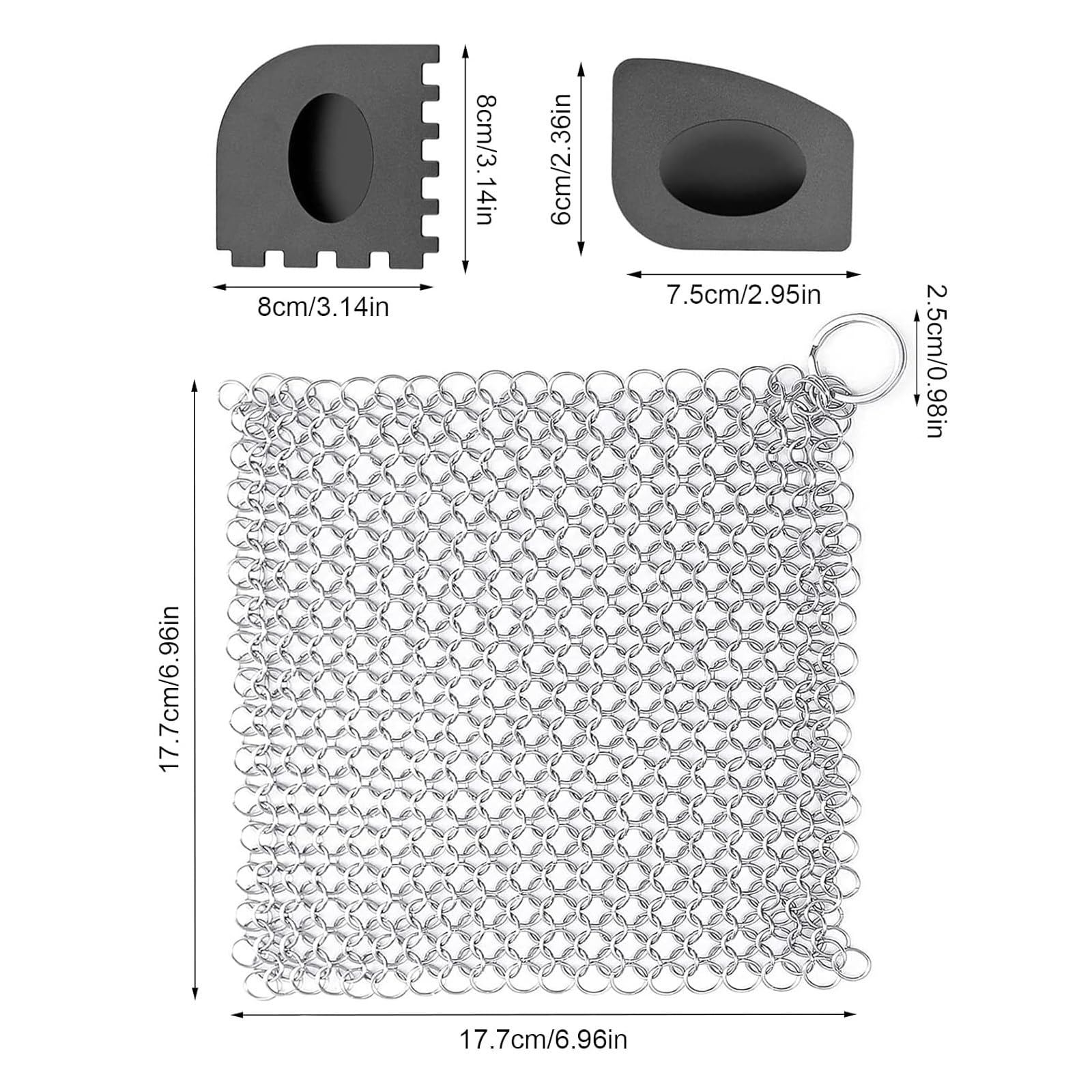 Nettoyeur de Fonte en Acier Inoxydable 18 x 18cm Cote De Maille Hollandais Cotte De Maille Avec Racloir En Plastiquenettoyant pour Tous Les Types de Poêles, Grilles et Fours Hollandais