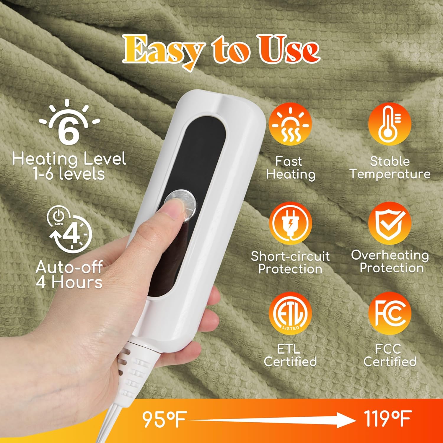 Heated Blanket Throw Size - Waffle Heating Blanket Fast Warming with 6 Heat Settings & 4 Hours Auto-Off, 50"x60", Sage Green - Image 5