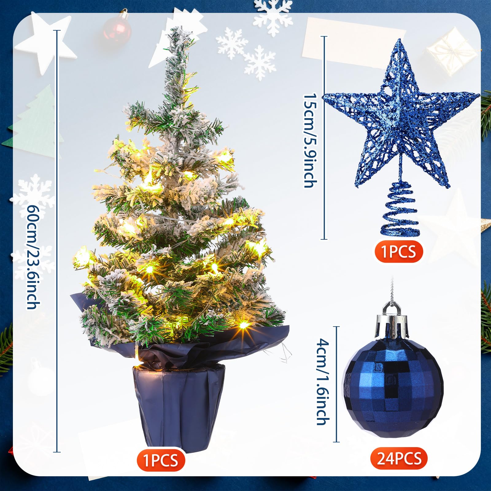 Sumind Mini sapin de Noël de table de 61 cm/0,6 m avec lumières LED, 24 boules de Noël, petit arbre artificiel vert pré-éclairé pour table de Noël, vacances d'intérieur (bleu marine, bleu marine)