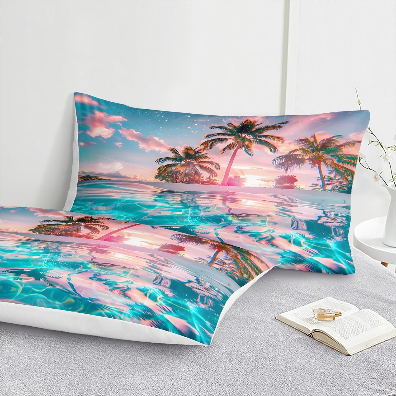 Bedrom Ocean Beach Comforter Set Queen Palm Tree Tropical Bedding 4 Pcs Pink Sunset Blue Coastal Romantic Natural Comforter Hawaii Beach Bedroom Decor