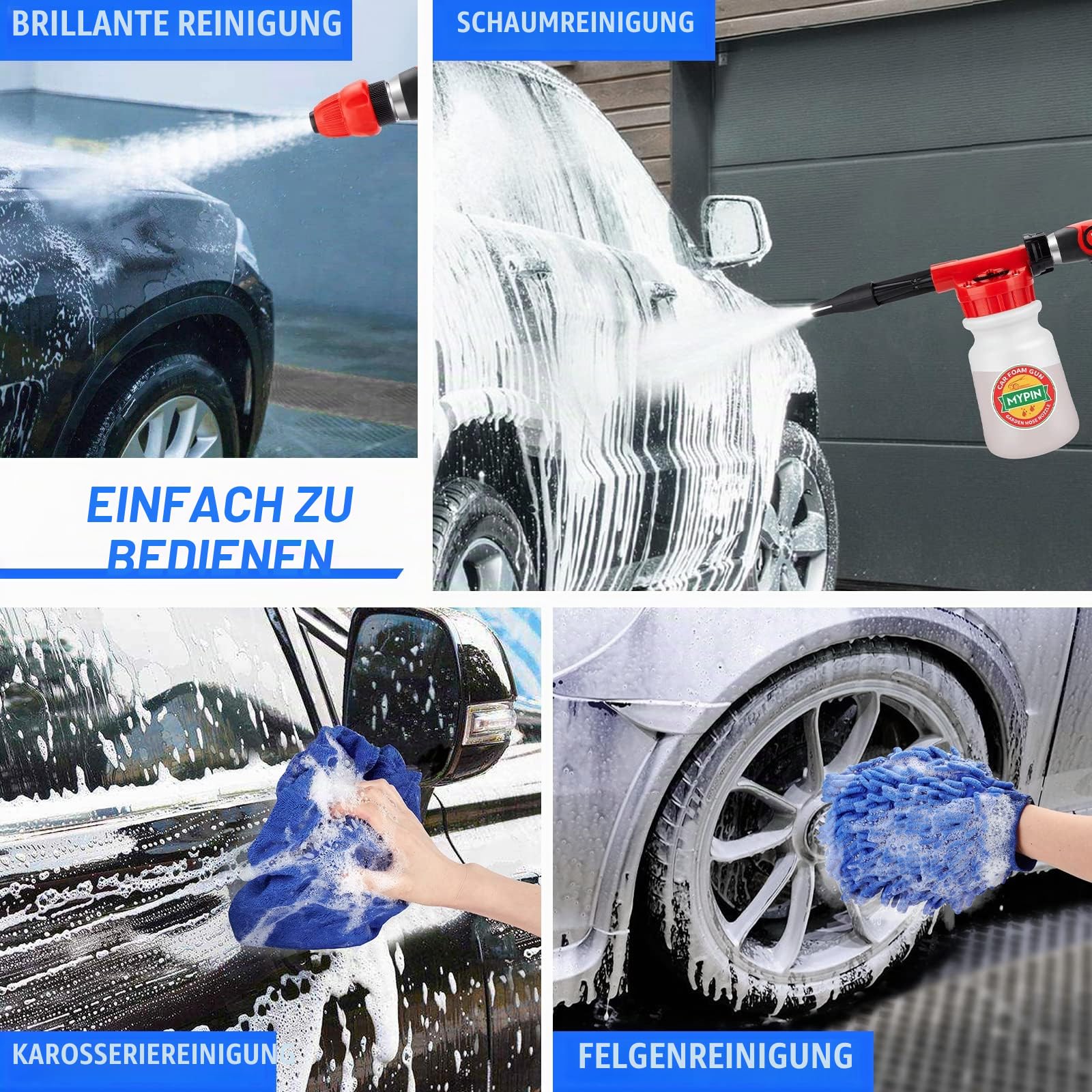 16 IN 1 Schaumpistole Autowäsche, Schaumkanone, verstellbarer Schlauchwaschzerstäuber mit 2,5 bis 6 Balken, mit Düsen,Waschhandschuh und Handtuch, geeignet für die Autoreinigung und den Gartengebrauch