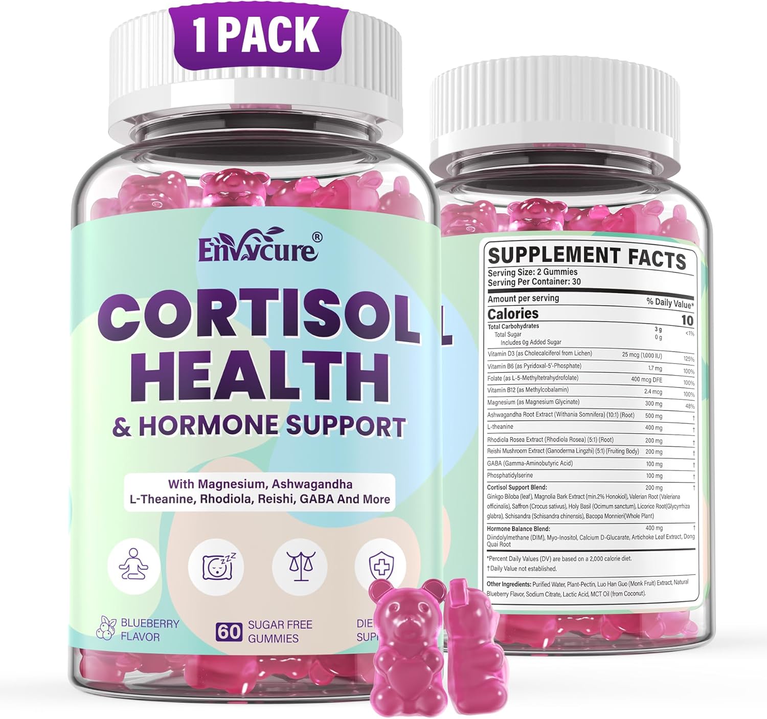 Cortisol Supplements for Women & Men, Cortisol Reducer Gummies w/ Magnesium, Ashwagandha, L-Theanine, Rhodiola, Reishi, 24 IN 1 Cortisol Detox Manager for Calm Mood, Focus & Relaxation,Vegan, 60 Cts