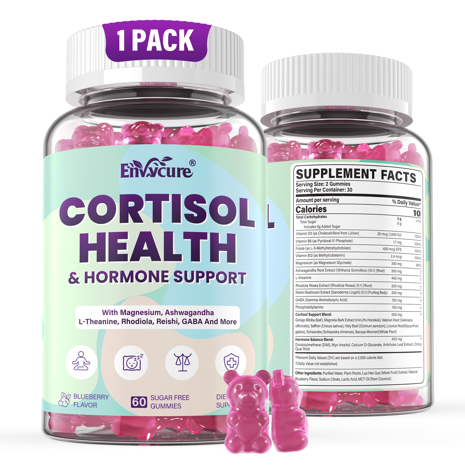 Cortisol Supplements for Women & Men, Cortisol Reducer Gummies w/ Magnesium, Ashwagandha, L-Theanine, Rhodiola, Reishi, 24 IN 1 Cortisol Detox Manager for Calm Mood, Focus & Relaxation,Vegan, 60 Cts : Health