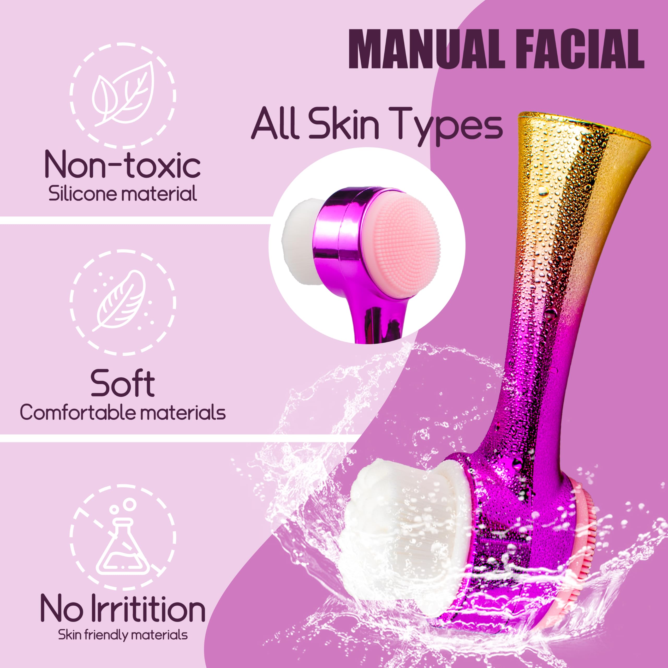 Gesichtsreinigungsbürste, 2-in-1, doppelseitige Gesichtsreinigungsbürste mit weichen Borsten für tiefes Porenpeeling, Wasch-Make-up, Massage, Gold und Rosa, 4 Stück