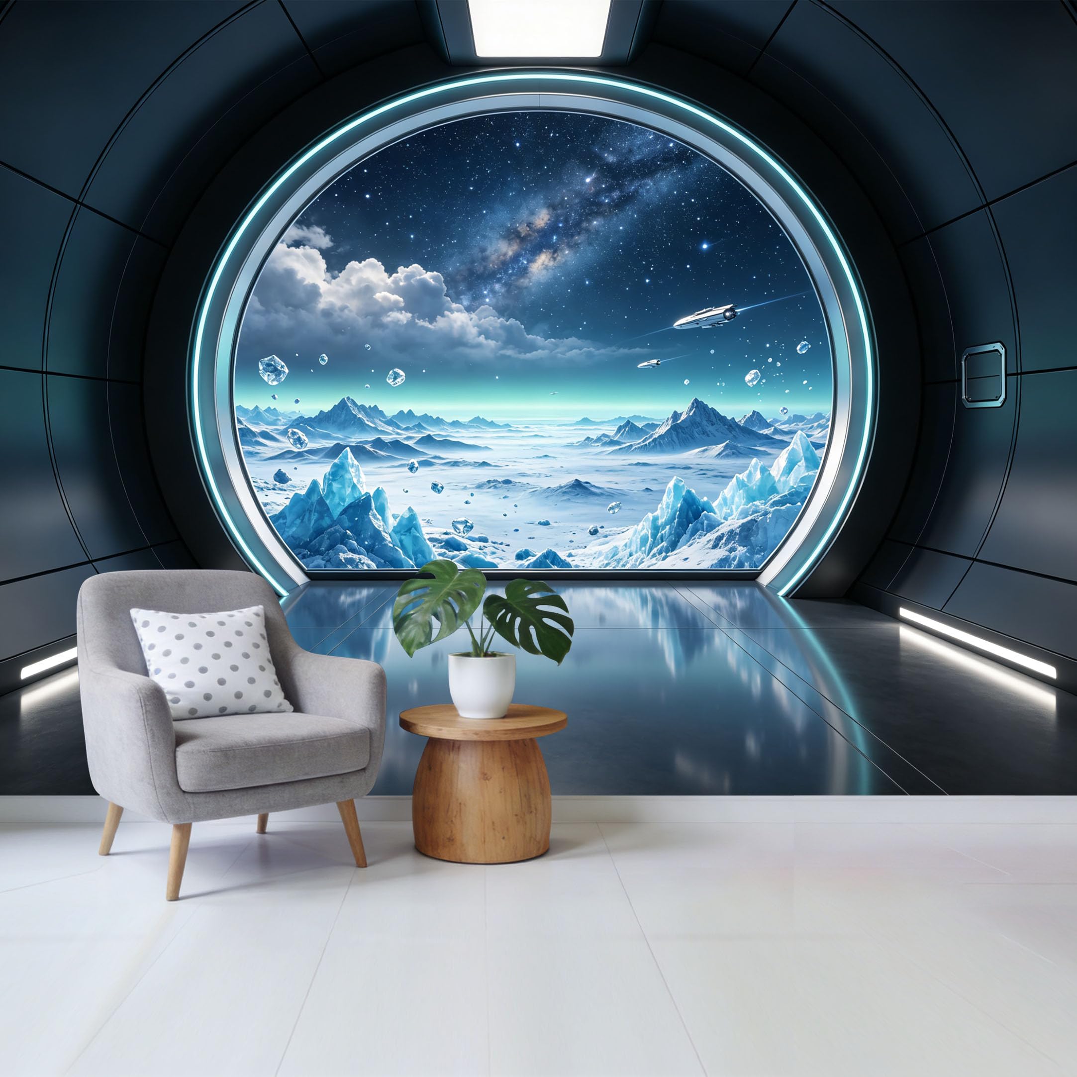Custom Size Wall Mural SciFi Space Portal Galaxy Mountains 3D Window View Removable Self Adhesive Fabric Home Wall Decor for Living Room Bedroom Bathroom
