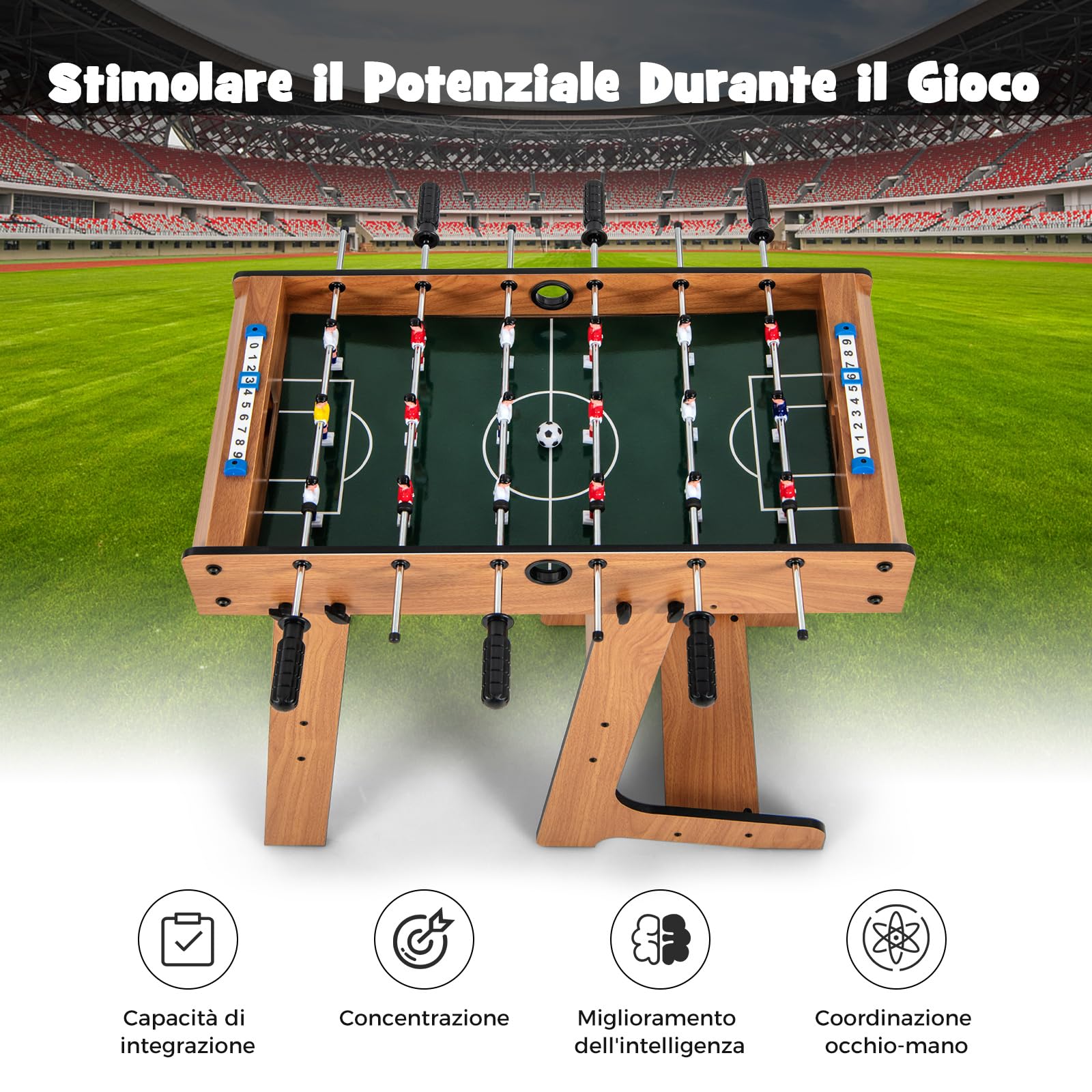 RELAX4LIFE Calcio Balilla Pieghevole in Legno per Bambini e Adulti, 6 Aste, 18 Giocatori, 2 Palline e Segnapunti, Biliardino da Casa Salvaspazio con Maniglie Antiscivolo, 69 x 60 x 71 cm, XC924846IT