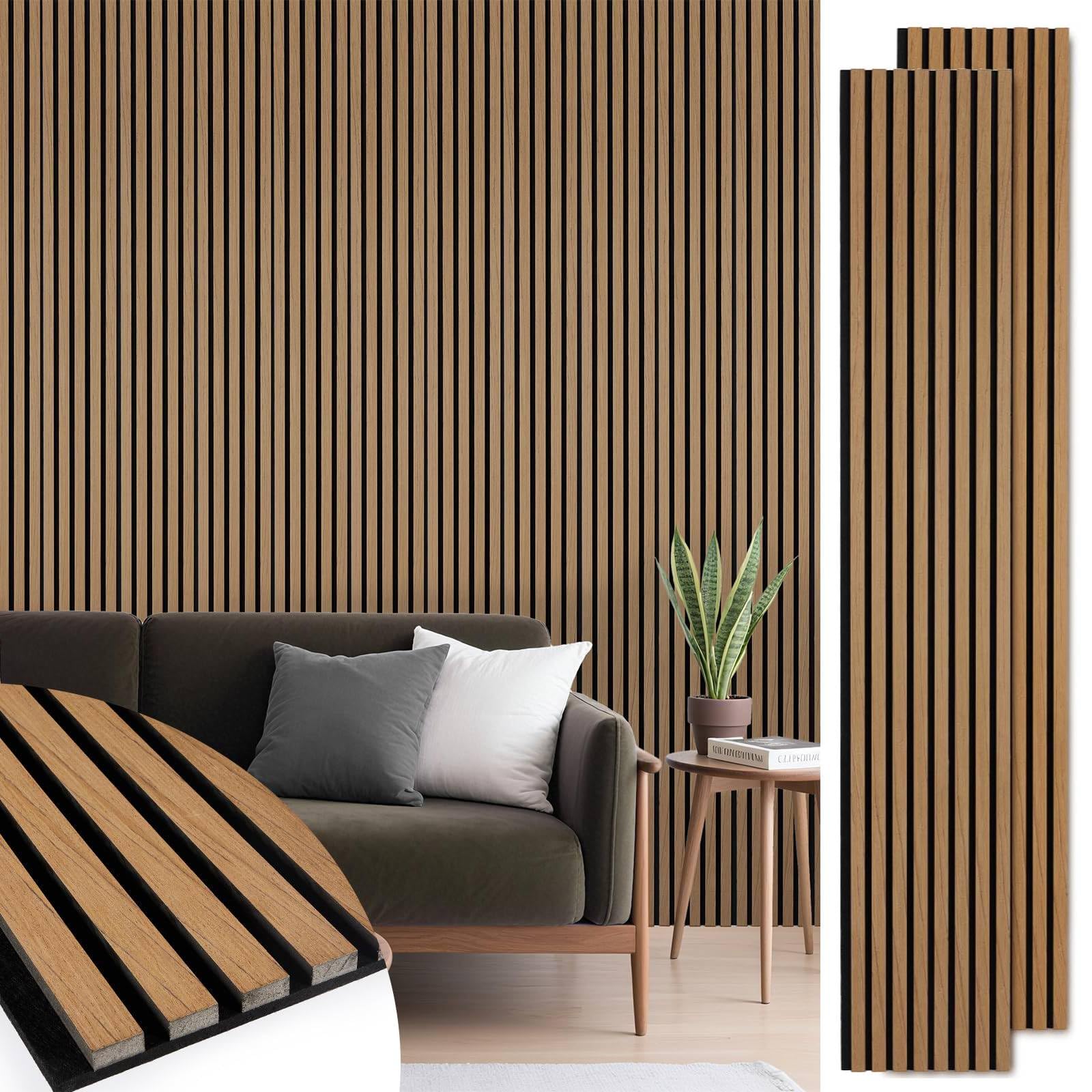 Acoustic Wood Slat Panels 2 Pack 106" x 12.6", Soundproof Wooden Wall Panels, 3D Fluted Panel for Interior Wall Decor, Living Room, Bedroom - Teak (Cover Approx. 19 sq.ft)