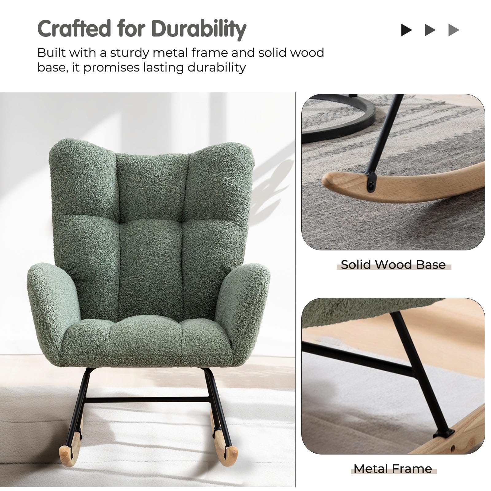 Tatub Rocking Chair Nursery Chair, Teddy Velvet Glider Rocker with High Backrest for Breastfeeding, Upholstered Glider Chair for Nursery Bedroom Living Room(Green)