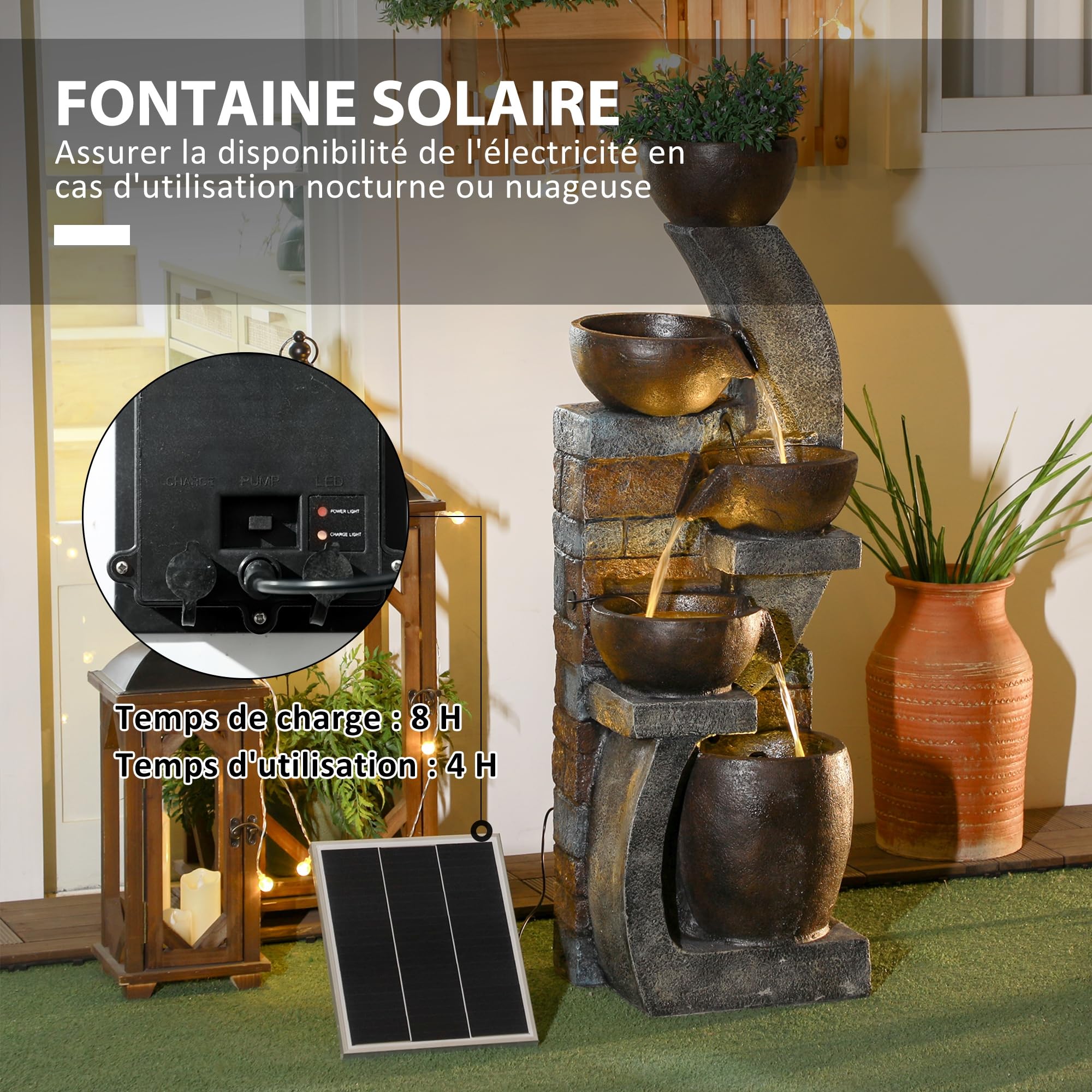 Outsunny Fontaine d'eau extérieure 5 Niveaux, Fontaine de Jardin avec lumières LED, Panneau Solaire 3,7 KW, Pompe, débit de 450L/h, en résine, Gris et Marron