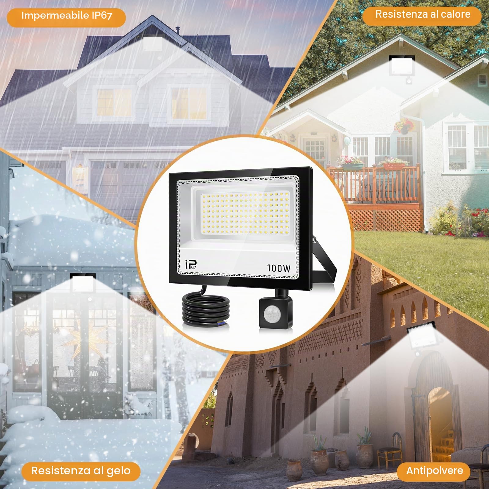 Faretto LED da 100 W, con sensore di movimento, per esterni, 10000 lm, 7000 K, super luminoso, IP67, impermeabile, con telecomando, luce bianca fredda per giardino, garage, campo sportivo, cortile