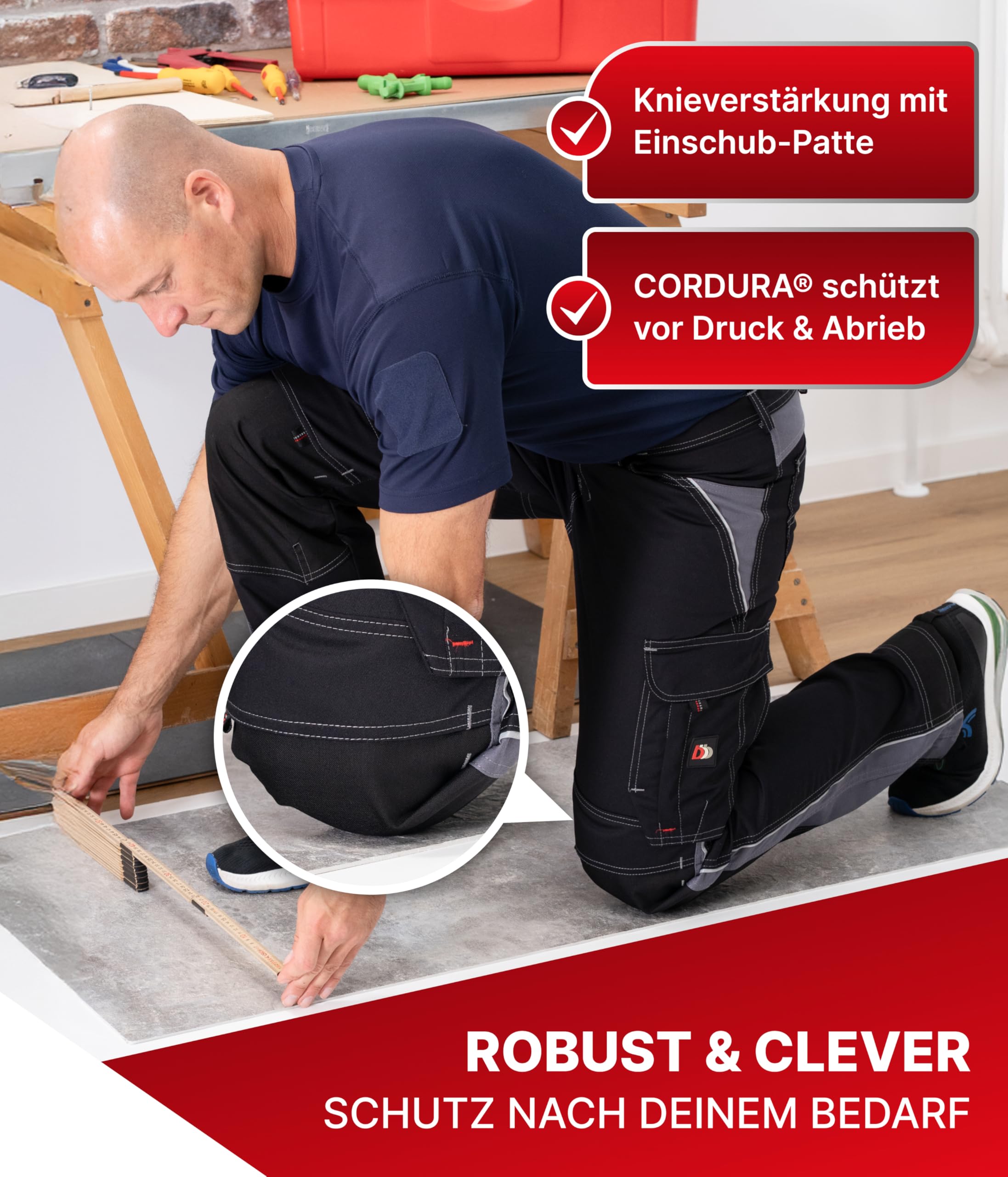 beb™ Arbeitshose Herren & Damen – robust & industriewäschegeeignet – mit Cordura-Knieverstärkung, Reflexpaspel & Werkzeugtaschen - Designed in Germany