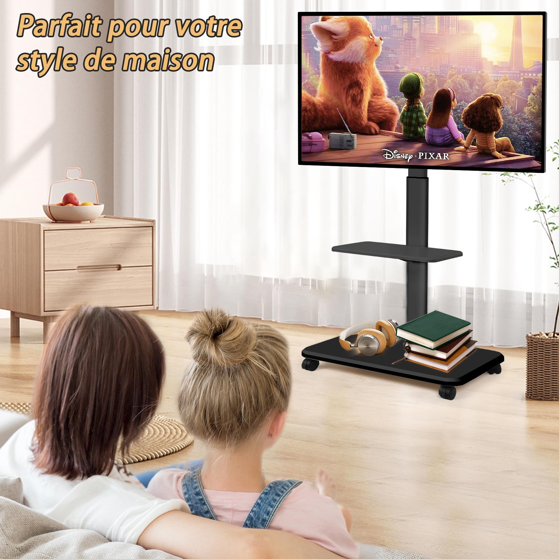 Support TV à roulettes pour TV Plats/incurvés LED/LCD/OLED de 32-70" (jusqu'à 45kg). Chariot TV Mobile réglable en Hauteur pour Ordinateur Portable, pour Chambre, Bureau, d'étudiant, extérieur, Noir