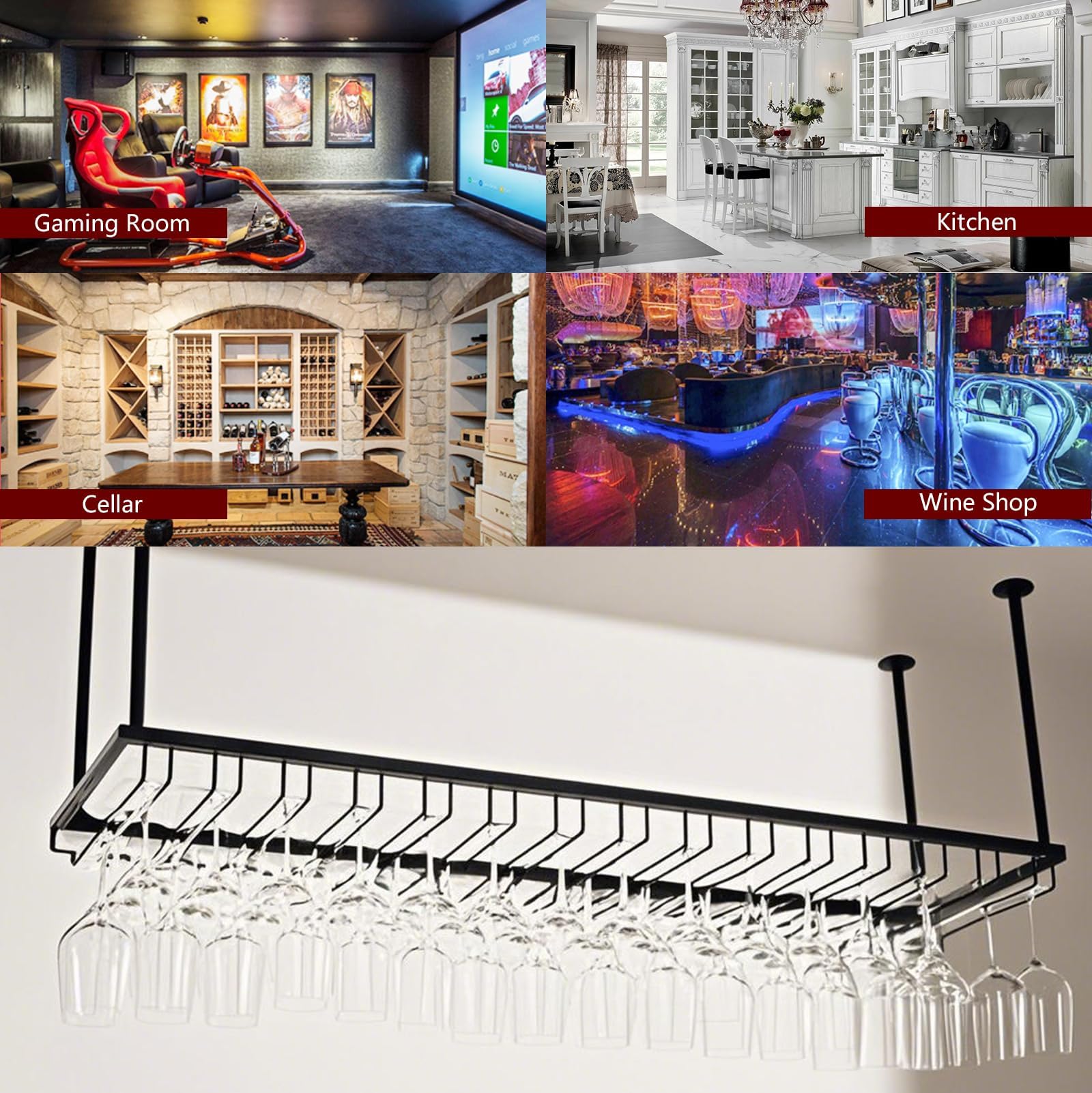 Support pour Verre à Vin Hauteur RéGlable, Porte-Verres à Pied Suspendu en Métal, Montage au Plafond Range Verre Suspendu Bar pour Famille, Restaurant, Hôtel, Bar (BN, 120x40x(30-60) cm)