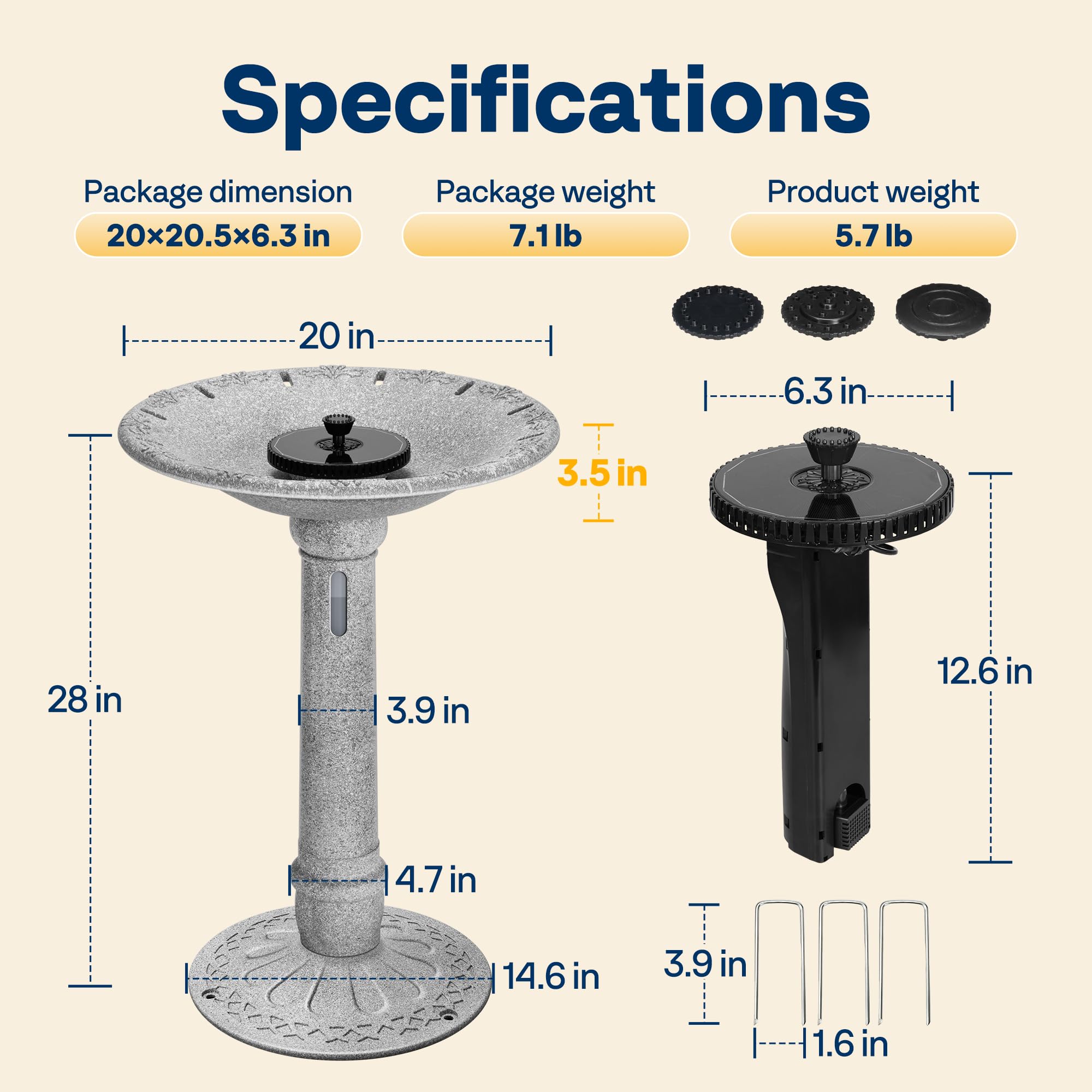 VIVOHOME ⌀51cm Fontana Solare per Uccelli con Serbatoio e Batteria, Bagno da Esterno in ABS 4.5L Resistente alle Intemperie per Giardino, Prato o Balcone