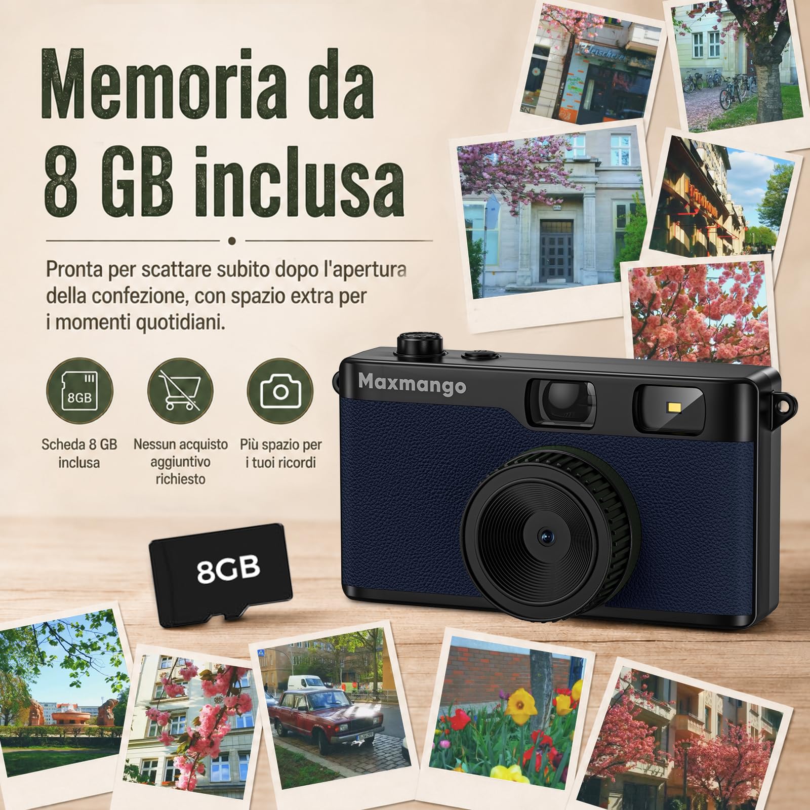 Maxmango D53 Fotocamera Digitale Compatta Senza Schermo, Fotocamera Vintage Retro 12 MP Catturare Momenti Reali, Filtri DIY Scaricabili, USB-C, Scheda SD da 8 GB Inclusa, Fino a 4000 Foto (Blu)