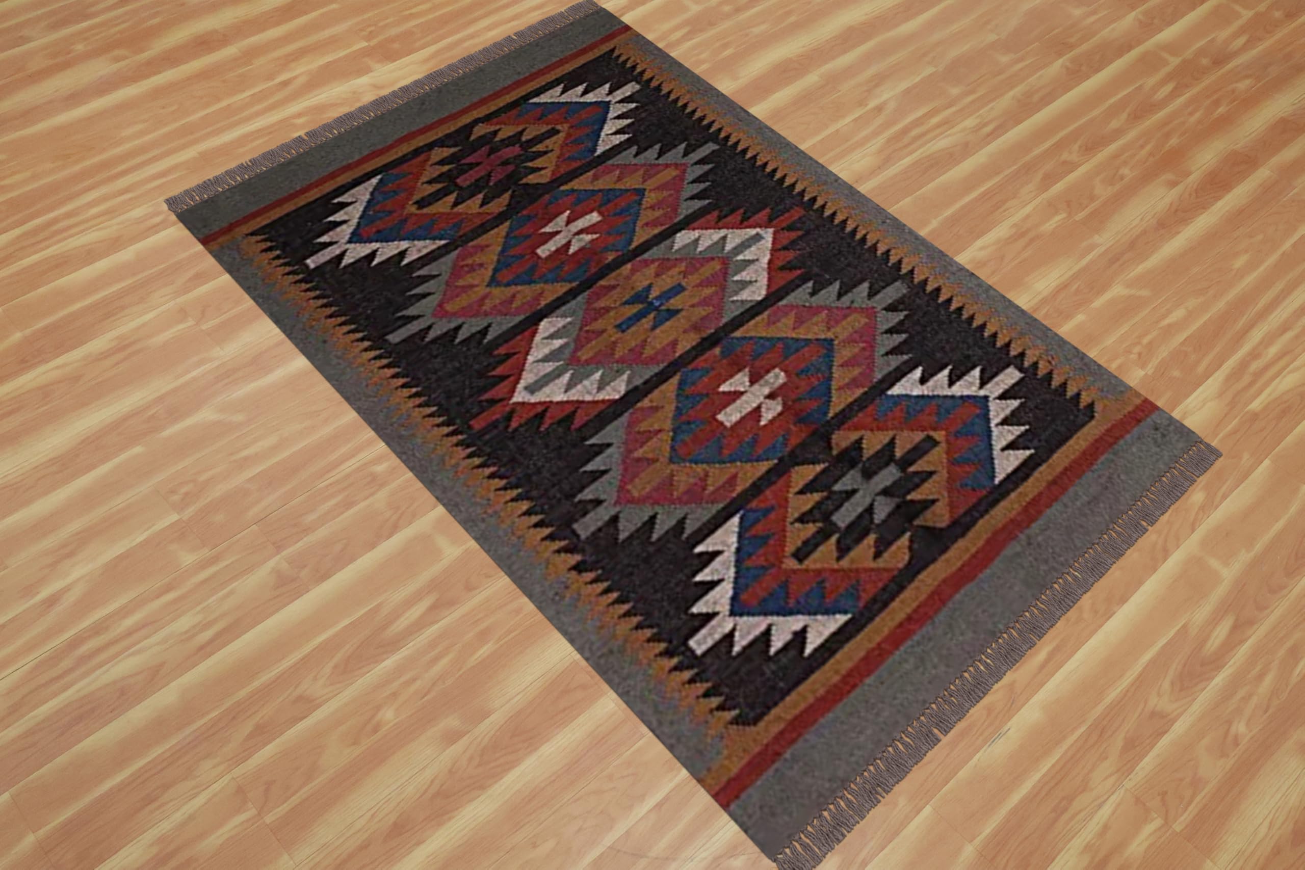 Tappeto reversibile in lana e iuta, 6 quadrati, nero e multi lana, tappeto kilim tessuto a mano, per interni ed esterni, ecologico, in lana, juta, tappeto per comodino, tappetino quadrato da