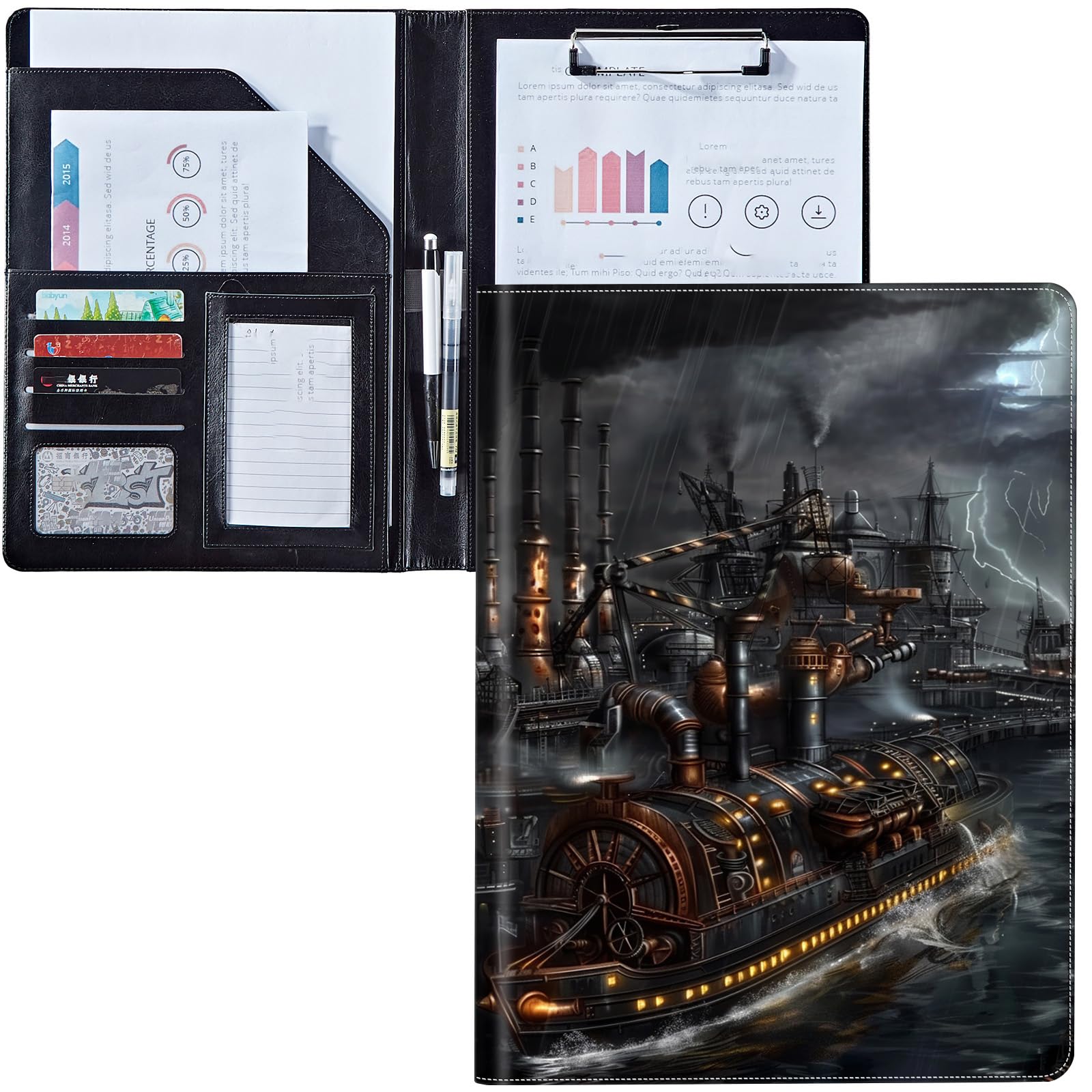 Padfolio Clipboard Folder Portfolio Notepad Organizer, PU Leather Interview Resume Folder,with Business Card Holder/Letter A4 and Writing Pad/Mobile Phone Storage Pocket,Retro Ship