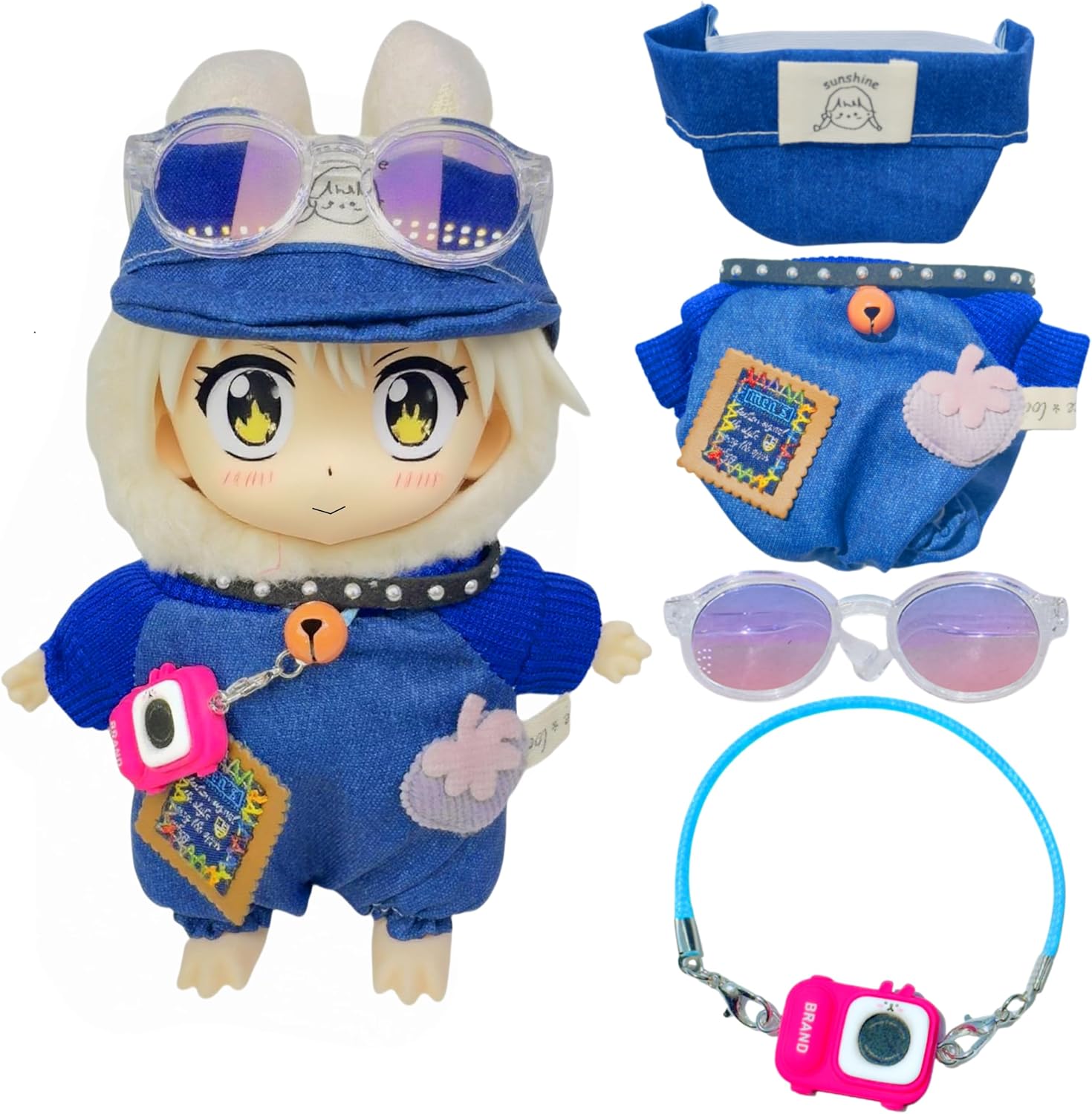 Doll Clothes for Labubu,4Pcs Cute Labubu Clothes Set, Includes Stylish Bodysuit, Cute hat, Pink Sunglasses, Mini Labubu Camera,17cm Labubu Accessories(No Doll)