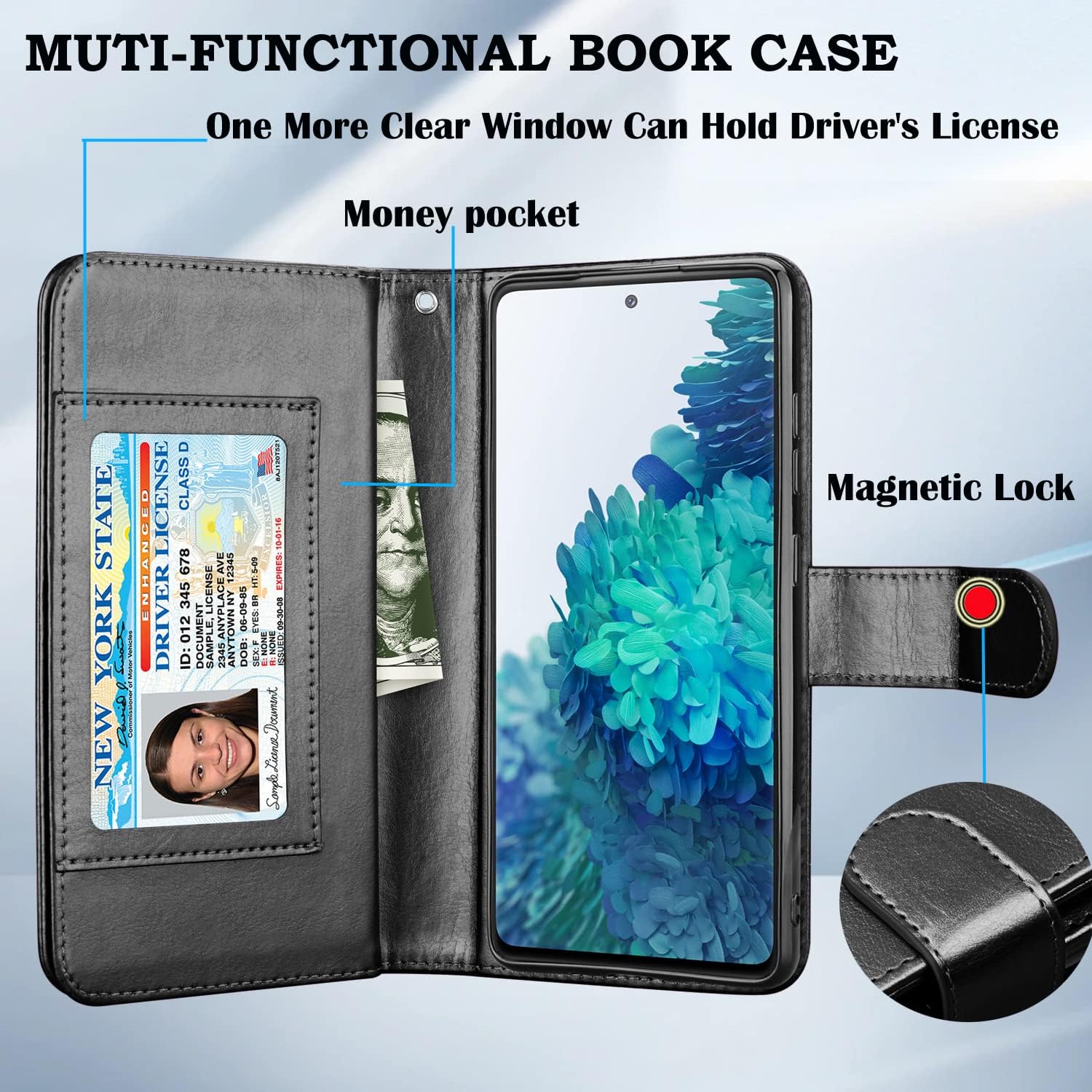 Takfox Galaxy S20 FE 5G Case, for Samsung S20 Fan Edition / S20 FE 5G Wallet Case, with Credit Card Holder Slots Folio Flip PU Leather [Kickstand] Detachable Magnetic Hard Phone Case & Strap-Black