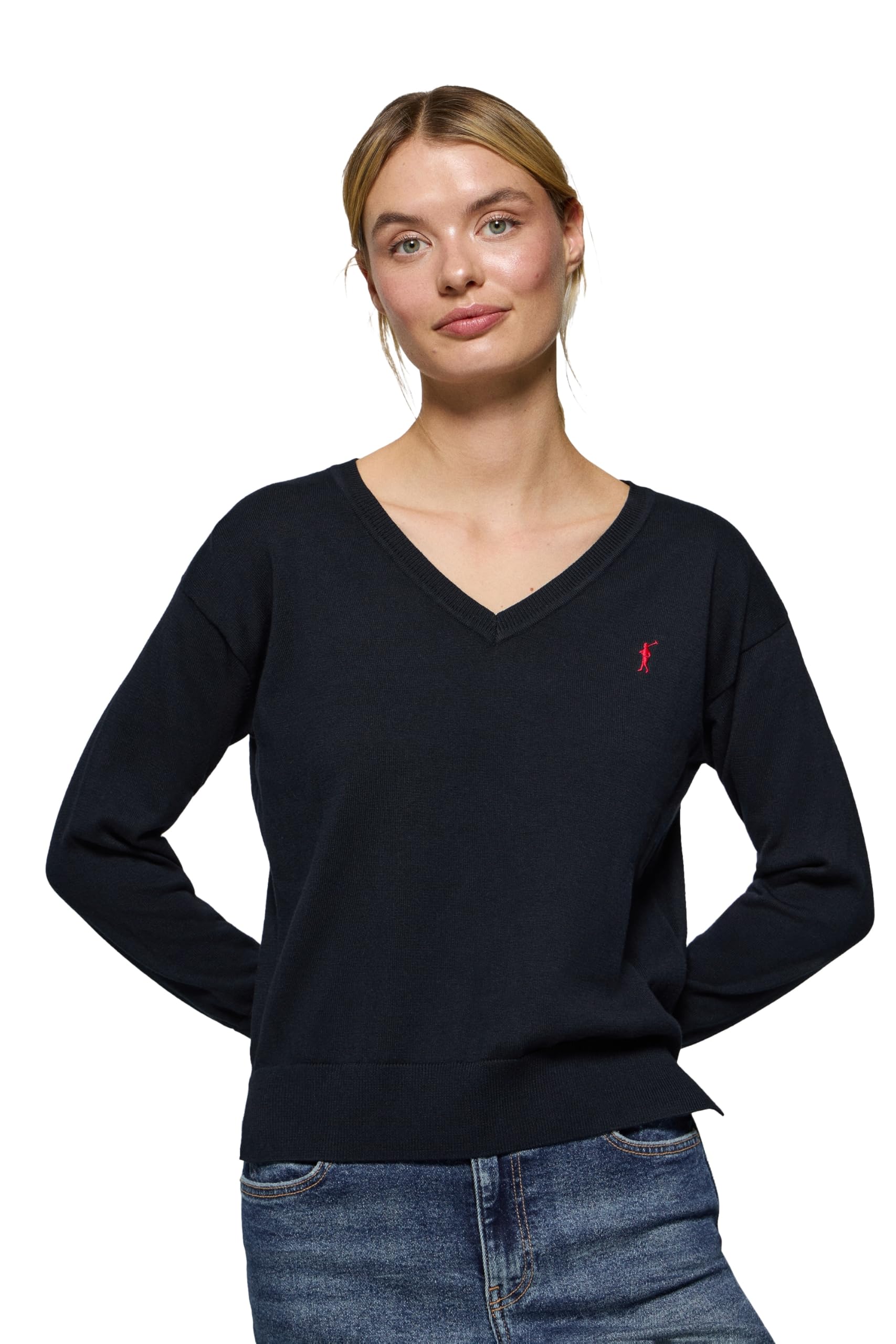 Polo Club Pull en Maille avec Col V et Logo brodé pour Femme
