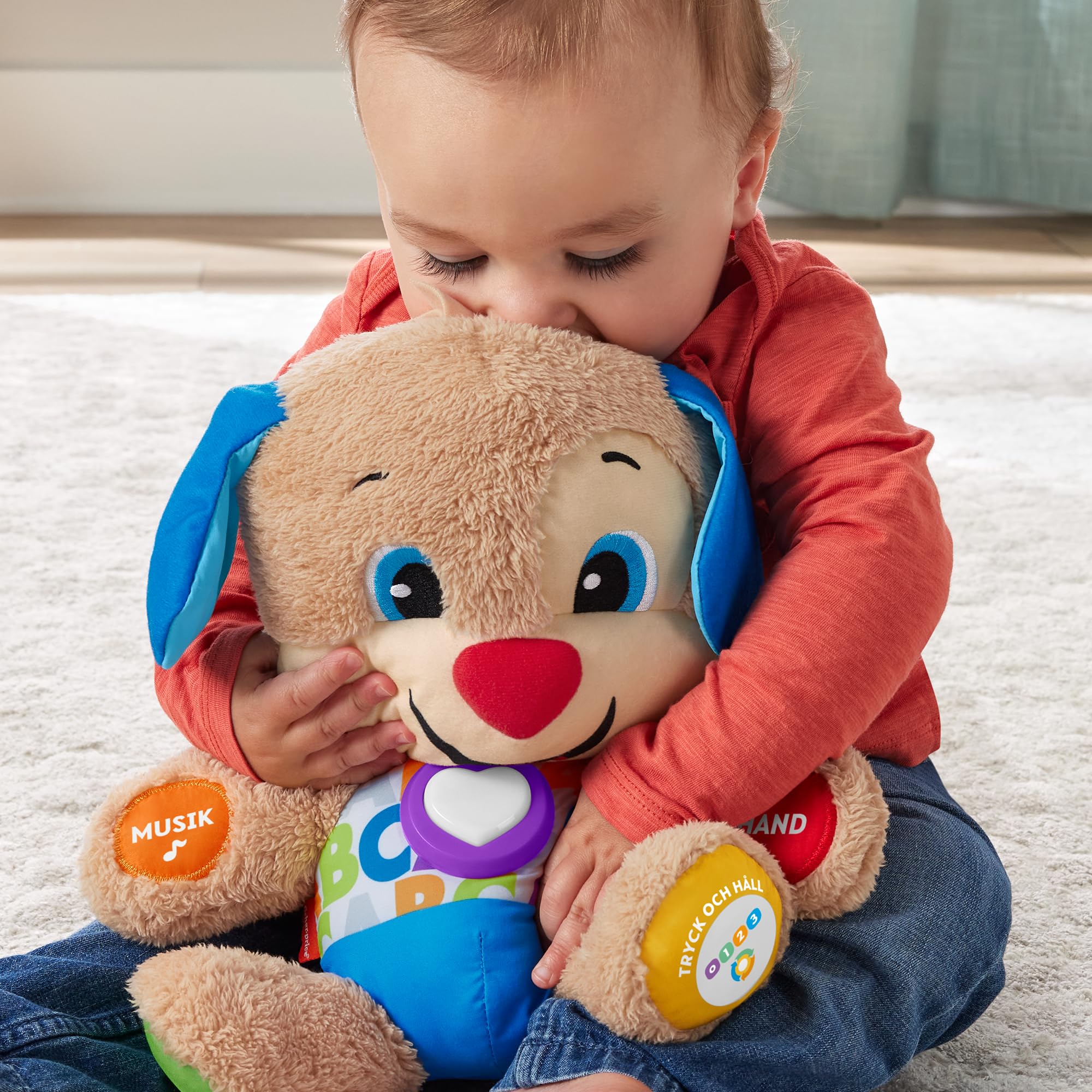 Fisher-Price Il Cagnolino Smart Stages Ridi & Impara, Morbido Peluche educativo per Imparare Le Prime paroline, con 75+ Canzoni, luci e Melodie, 6+ Mesi, Edizione: Svedese, FPM65