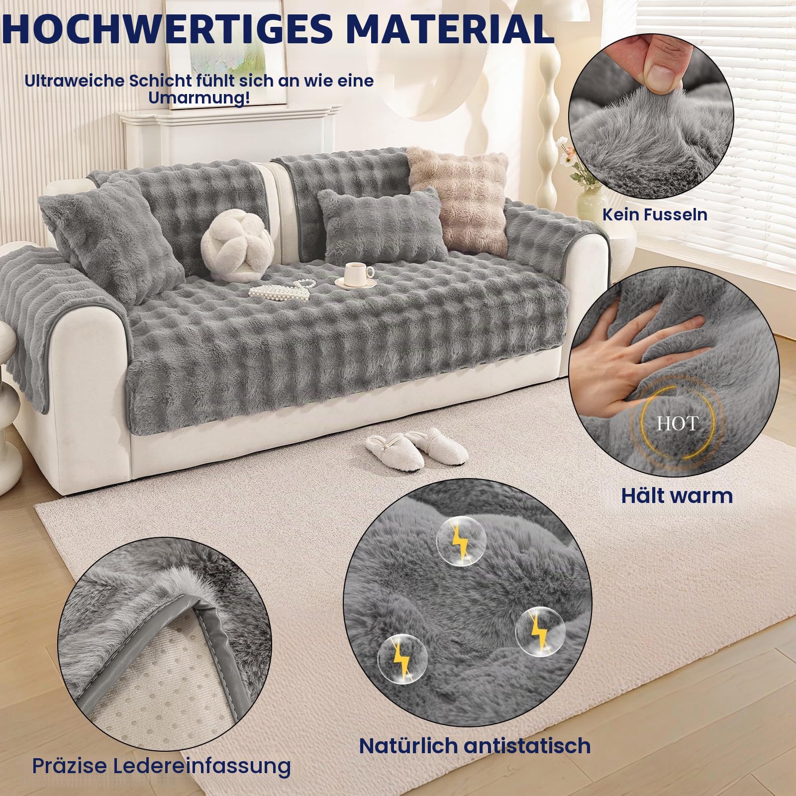 Royhom Plüsch Sofa Überzug L Form 1/2/3/4 Sitzer Couch Überzug Ecksofa, Sofaschoner rutschfest, Superweiche SofaÜberwurf aus Kunstpelz für Sofa, Teppich, Fensterbank Kissen(Grau 90x210cm)
