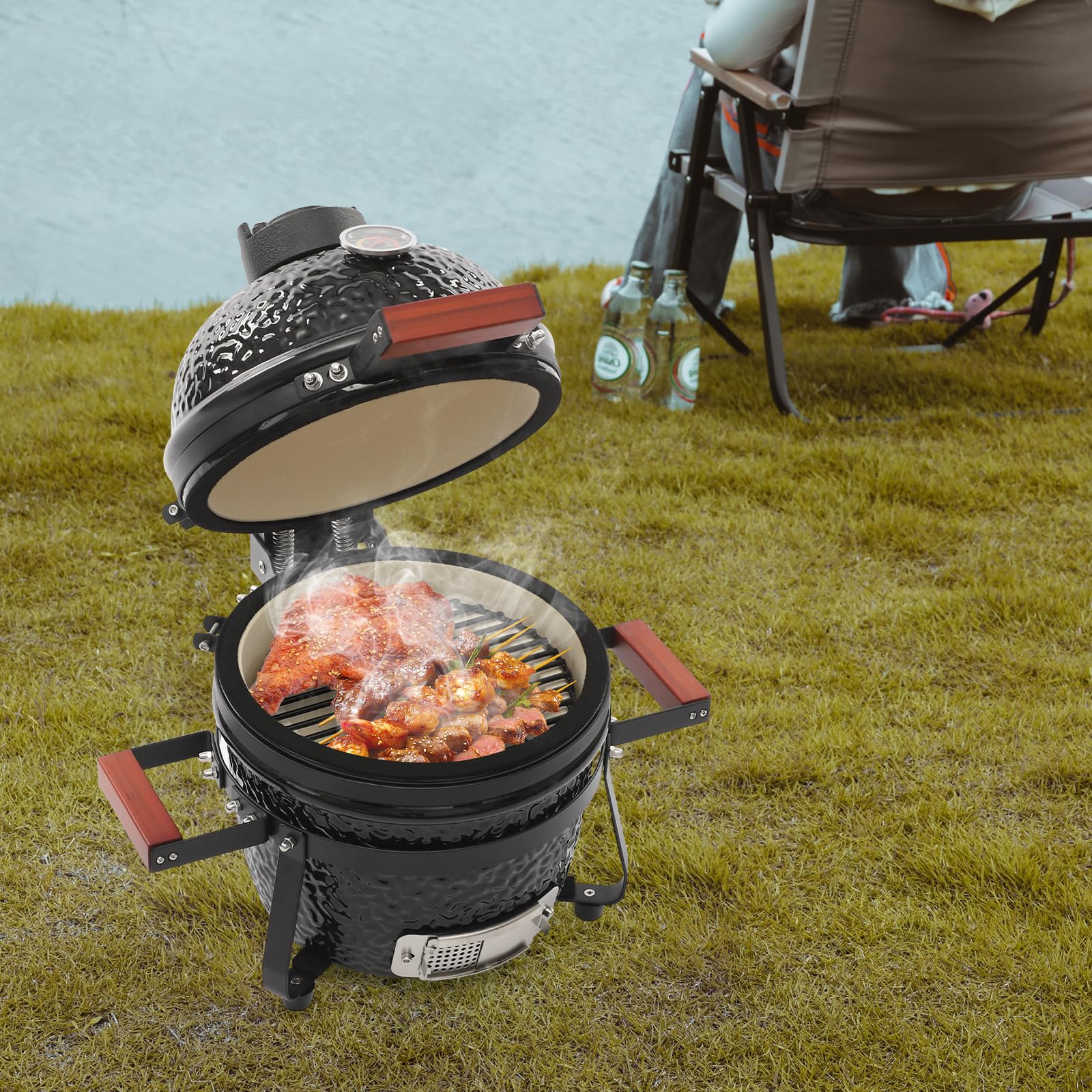 Barbecue a carbonella in ceramica da 13 pollici con termometro, Kamado Style Griller – Barbecue a carbonella in ceramica per affumicatura e barbecue, barbecue da esterno per terrazza, giardino