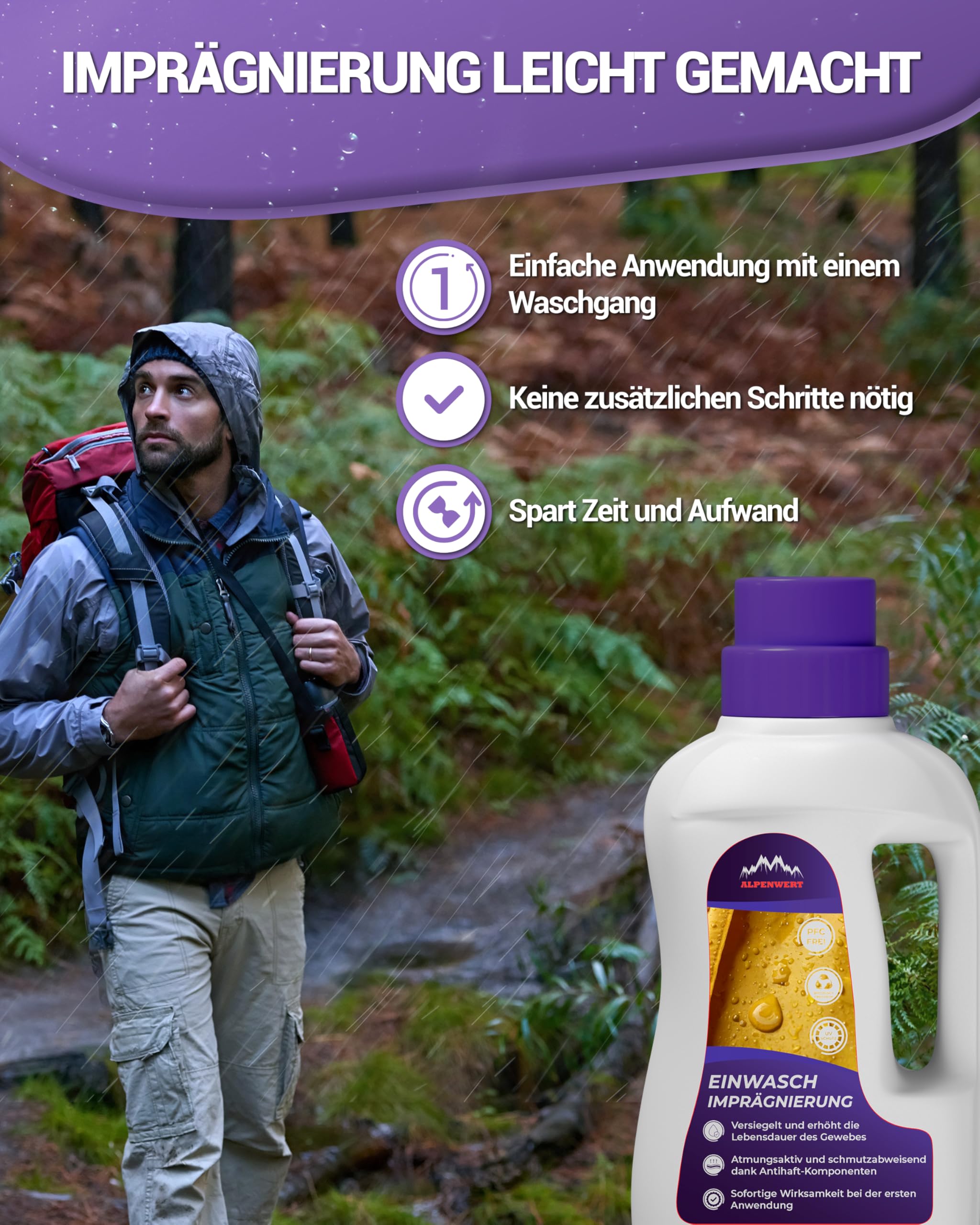 Alpenwert Środek piorący impregnujący, 1 litr [Made in Germany] do odzieży outdoorowej, odzieży funkcyjnej, odzieży narciarskiej, Gore-tex itp. środek piorący, impregnacja jednorazowa