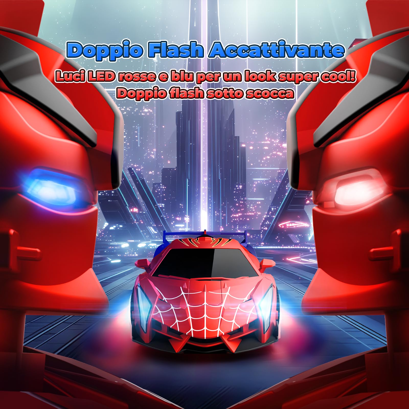 Macchina Telecomandata con Luci LED Occhi & Sotto, 2.4GHz & 360°Deriva Trasform Robot Giocattolo Gioco per Bambino 3-12 Anni, Macchinina Radiocomandata Giochi Regalo Bambini 3 4 5 6 7 8 9 Anni Maschio