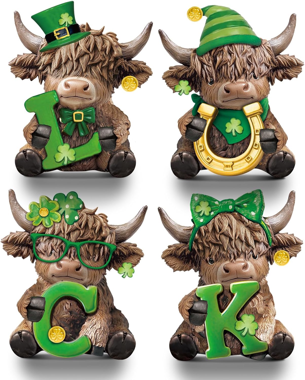 Sosation 4 Pcs St Patricks Day Highland Cow Figurines Luck Irish Highland Cow Gnomes Shamrock Scottish Resin Statue Calf Lovers Gifts for Home Garden Kitchen Office Tiered Tray Table Decor