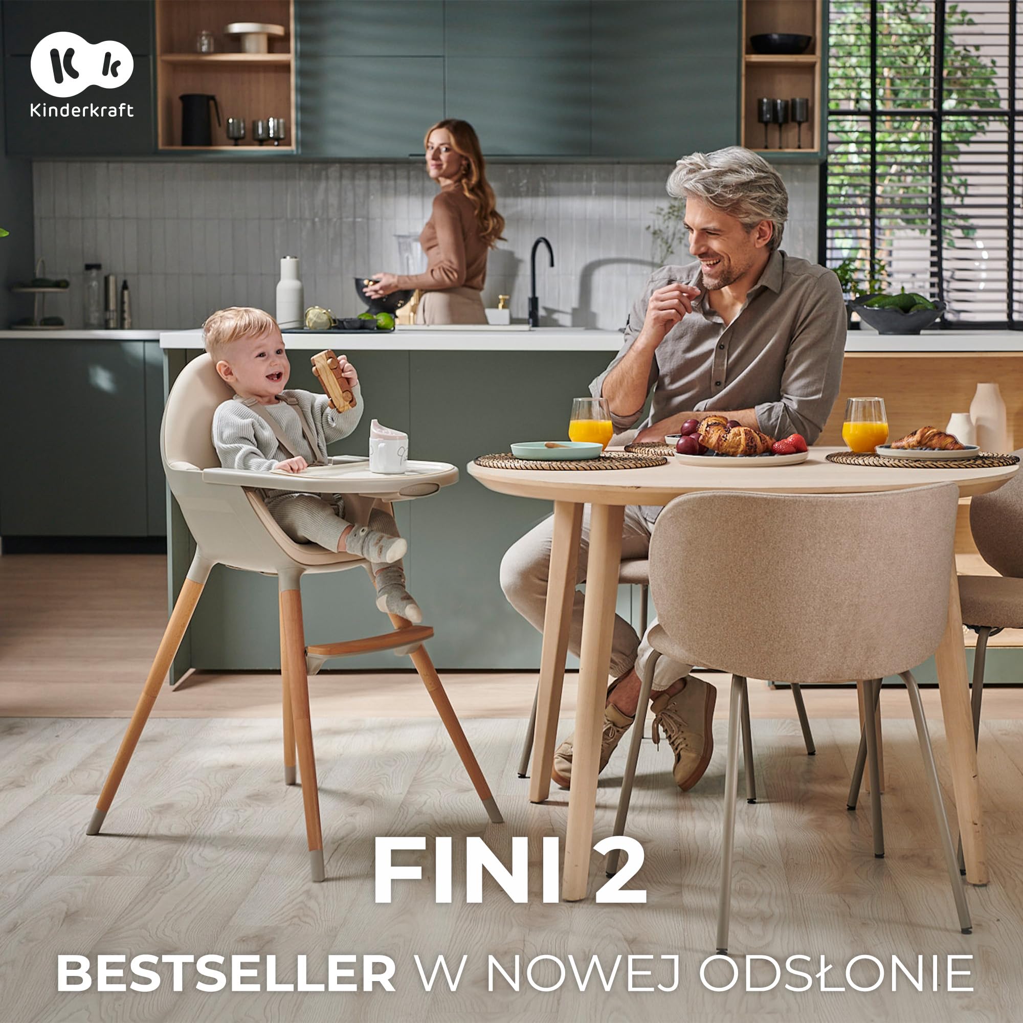 Kinderkraft Krzesełko do karmienia FINI2 2w1, Krzesło dla starszaka, Regulowana zdejmowana tacka, Drewniane antypoślizgowe nożki, 5-Punktowe pasy bezpieczeństwa, Łatwy w czyszczeniu, Beżowy