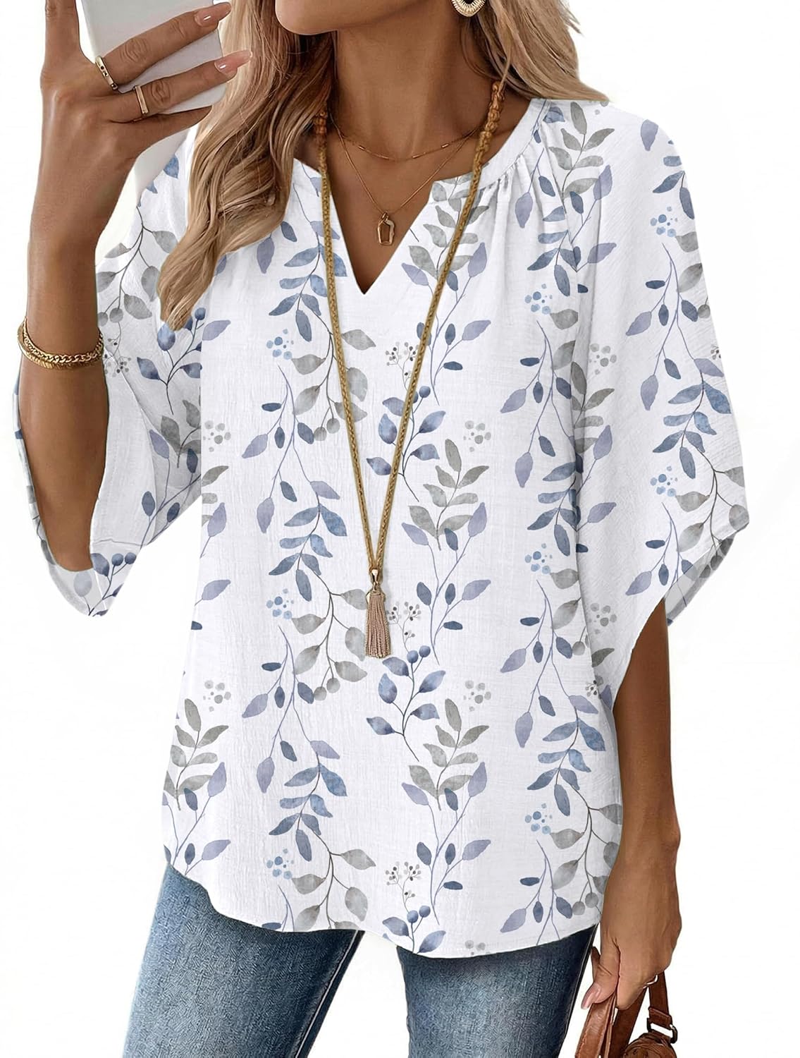 Zeagoo Womens Tops 3/4 Sleeve V Neck Bohemian Blouses Casual Loose Fit Tunic Boho Shirts Floral Printed Clothes