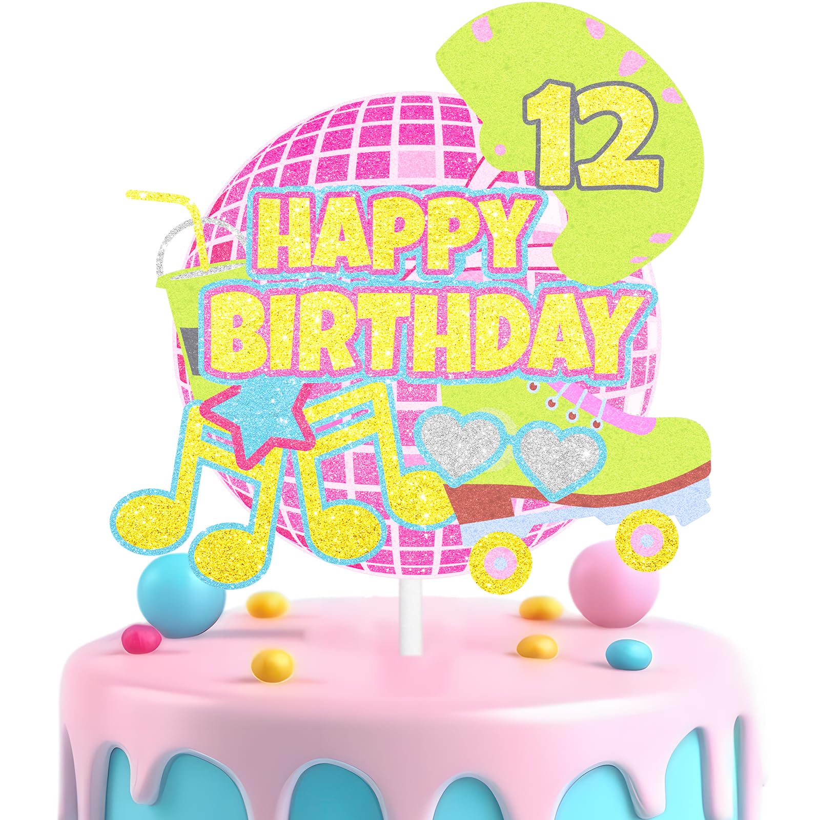 Retro Roller Skating Cake Topper for Girls Disco Themed 12th Birthday Happy Hip Hop Music Notes Decoration, Roller Skating Themed Party, Disco Themed Birthday Party (12th)