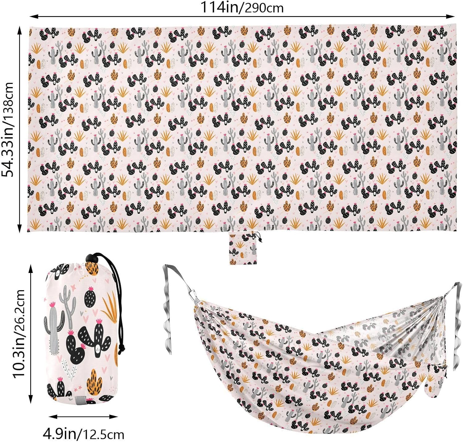 ALAZA Cactus Cacti Camping Hammocks Single or 2 Person 500 lbs Portable Parachute Travel Hammock w/Tree Straps for Hiking Backpacking Indoor Outdoor