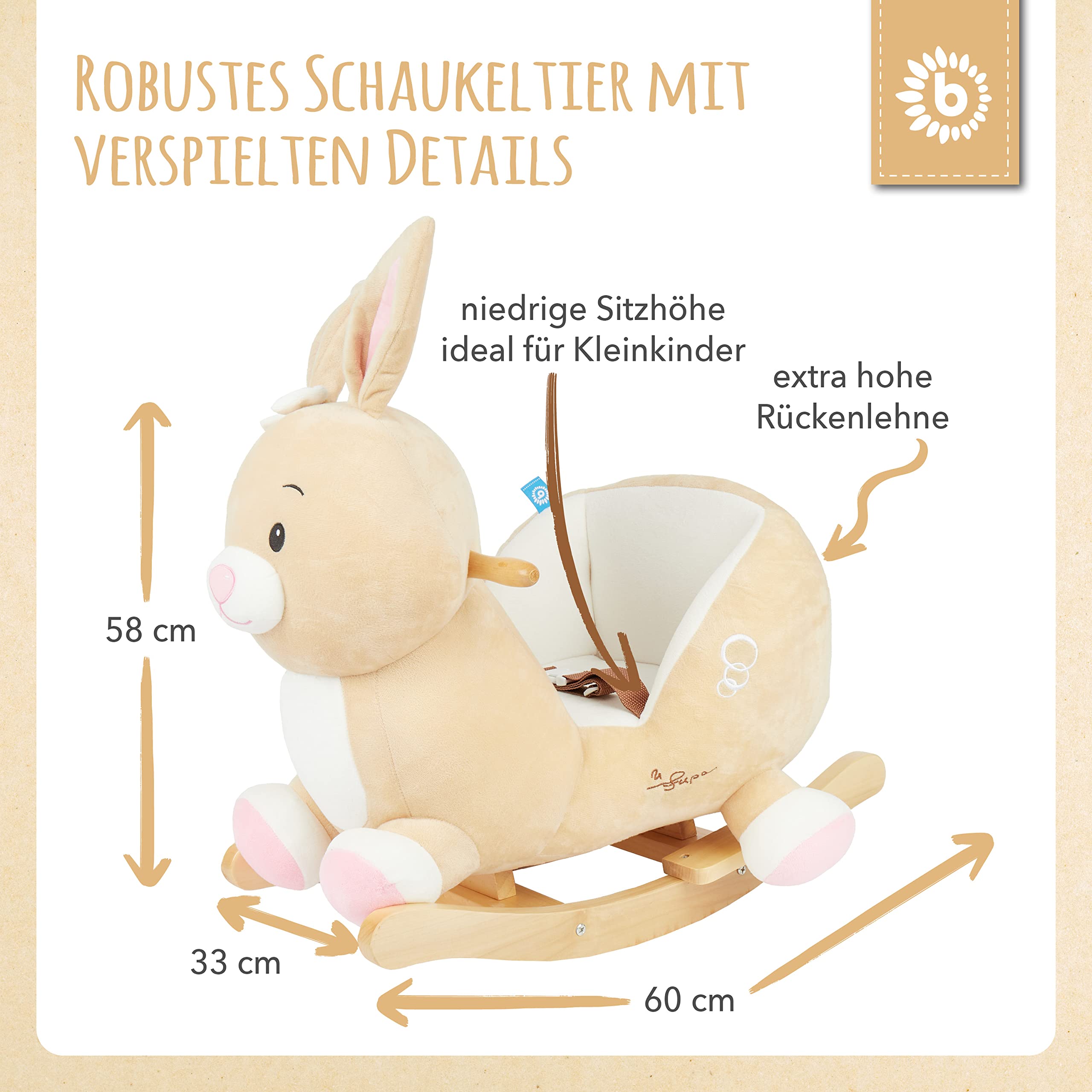 Bieco Plüsch Schaukeltier Hase Hopsi, 60 cm | Kinder Schaukelstuhl mit Sicherheitsgurt | Baby Schaukel | Schaukel Kleinkind | Schaukeltier Baby Schaukelwippe ab 9 Monate | Schaukelpferd Holz