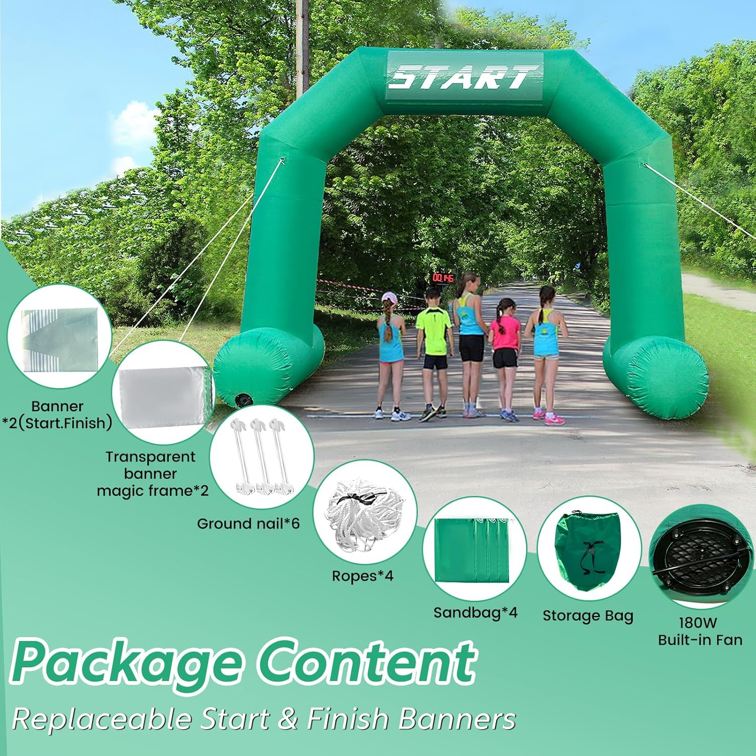 13ft Inflatable Arch with Start Finish Line Banners and Buit-in Air Blower, Green Hexagon Outdoor Inflatable Archway for Race School Event Sport Party Advertising Commerce
