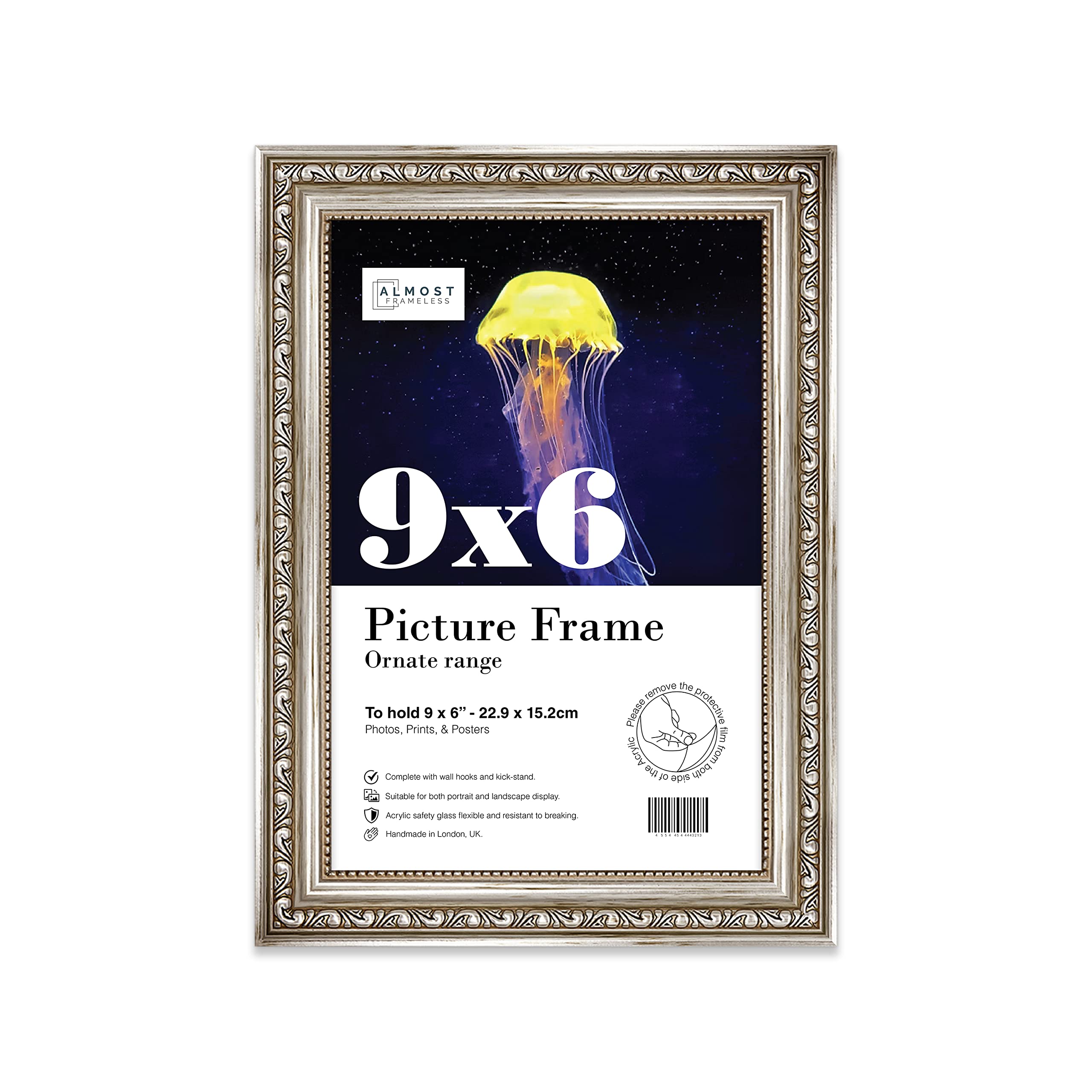 Almost Frameless 9x6 Silver Ornate Picture Frame 9"x6"(22.9x15.2cm) Poster, Photo, Artwork, or Print. Antique Style Portrait and Landscape Display with Wall Hooks