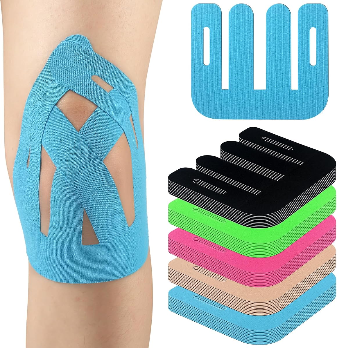50 Pack Precut Kinesiology Tape for Knees, Waterproof Kinesiology Tape, Knee Support Tape for Knee Pain Relief, Stability Recovery, Tape for Joint Muscle Support, for Sports Train（Five Colors）