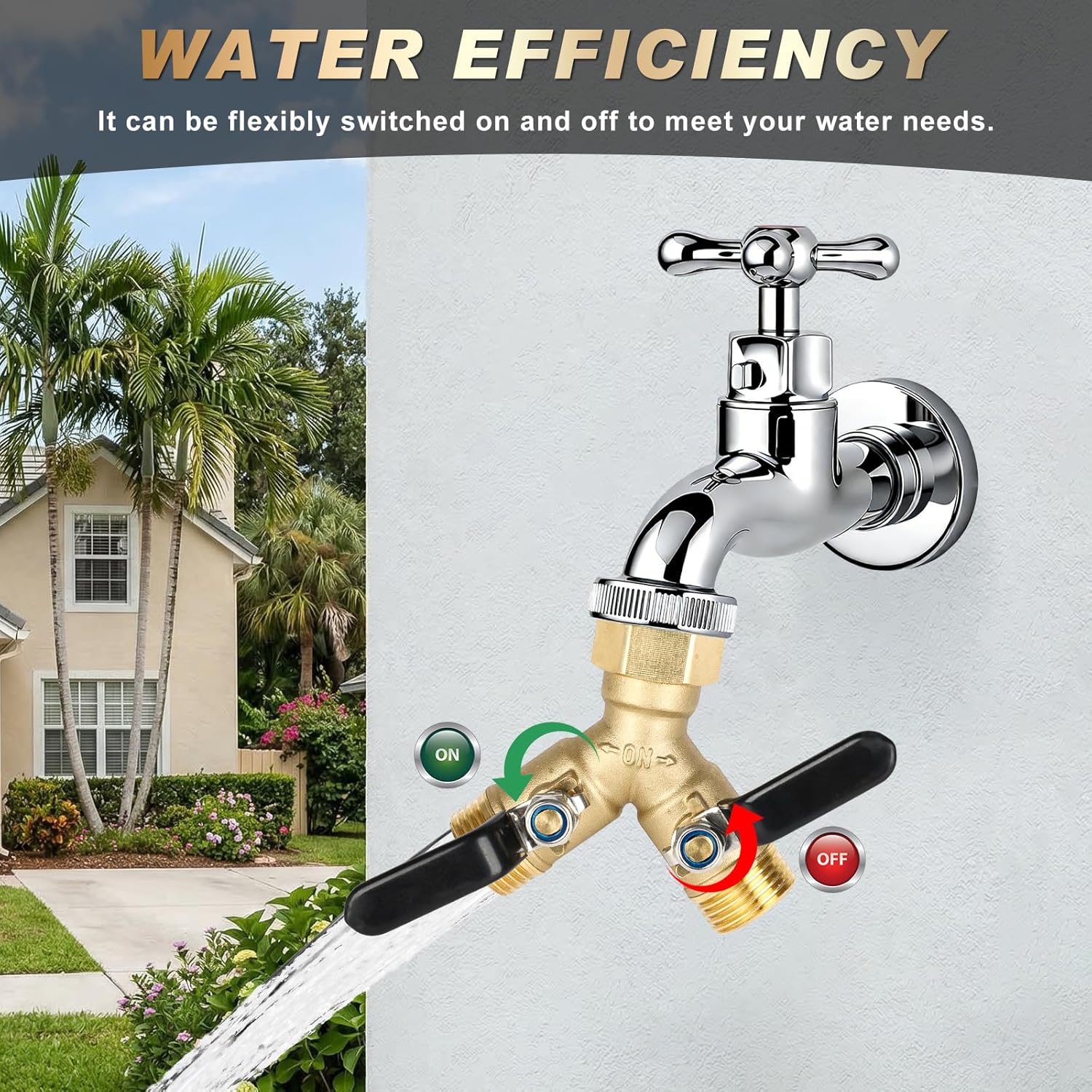 Dalmbox Garden Hose Splitter 2 Way, Brass Y Hose Connector With Long Handle Shut Off Valves, 3/4" GHT Heavy Duty Outdoor Faucet Adapter, Water spigot Splitter for Garden Watering, Lawn, Car Wash