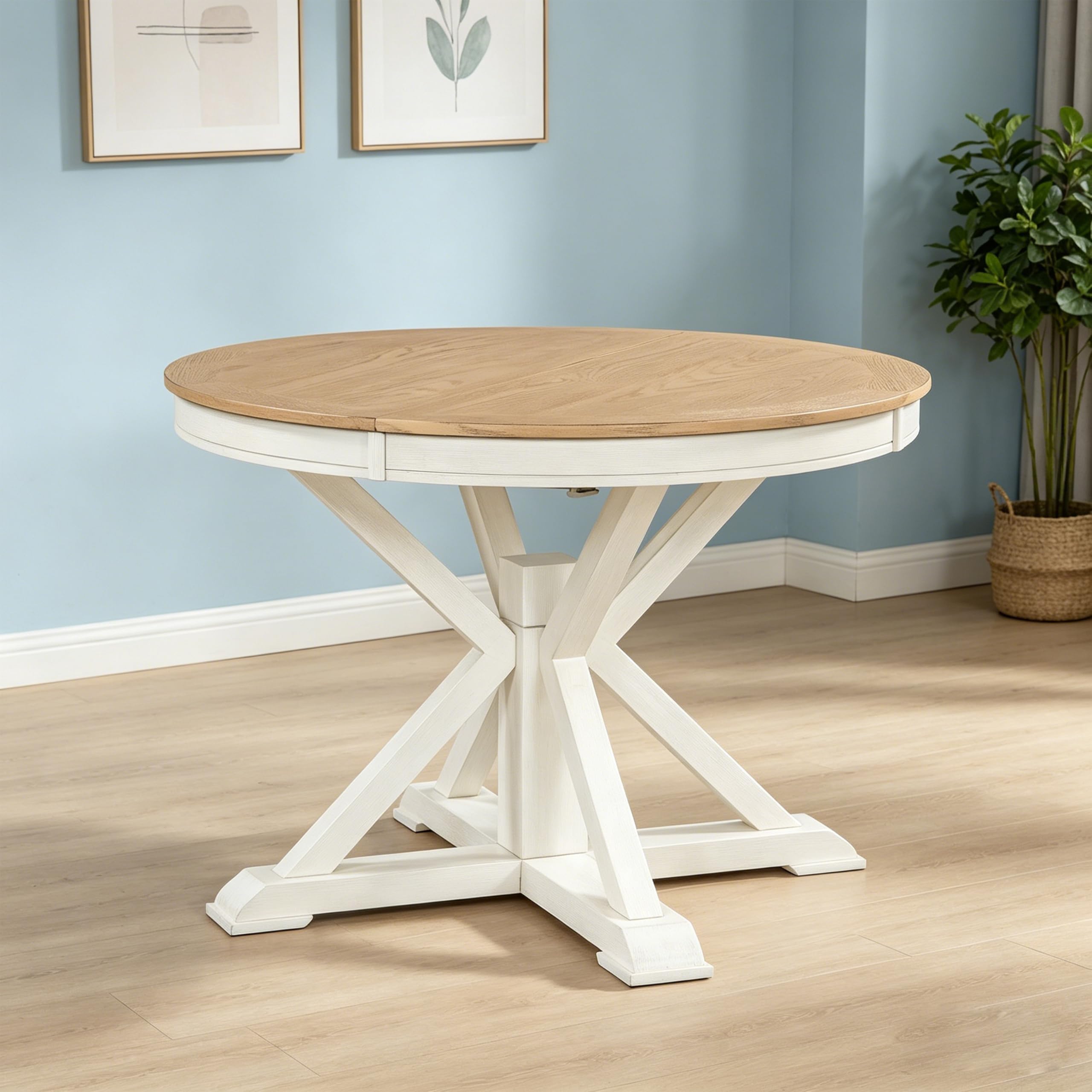 ERYE Retro Style Round Dining Table Functional Wooden Extendable Oval Dining Table with 12" Leaf and Natural Wood Grain Variation Tabletop