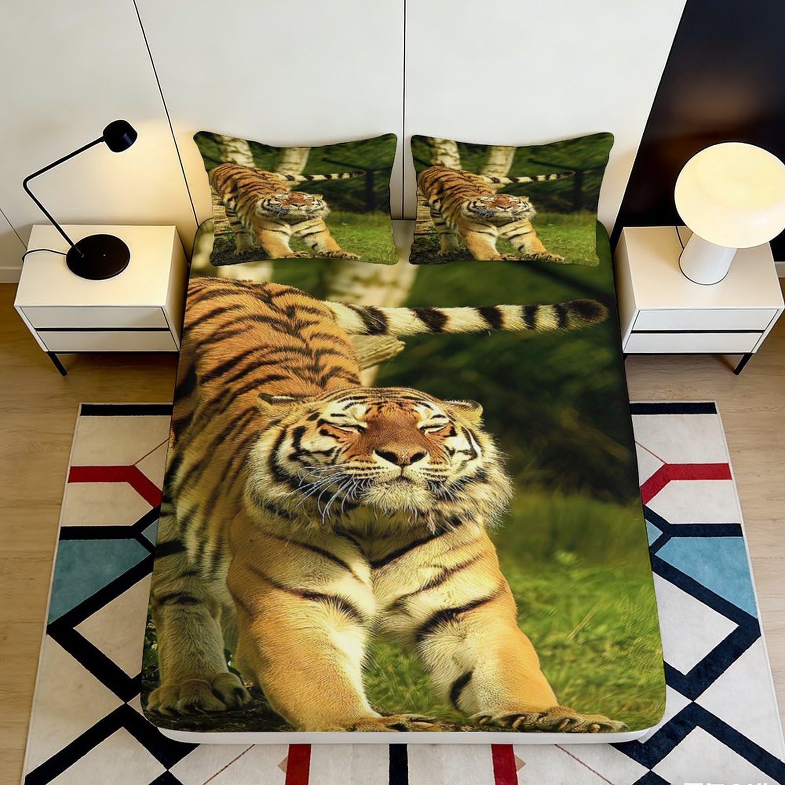 3D Printed tiger Fitted Sheet for main bedroom decor, Microfiber soft touch, anti-slip, wrinkle resistant, guest room bedding 160x200x25cm