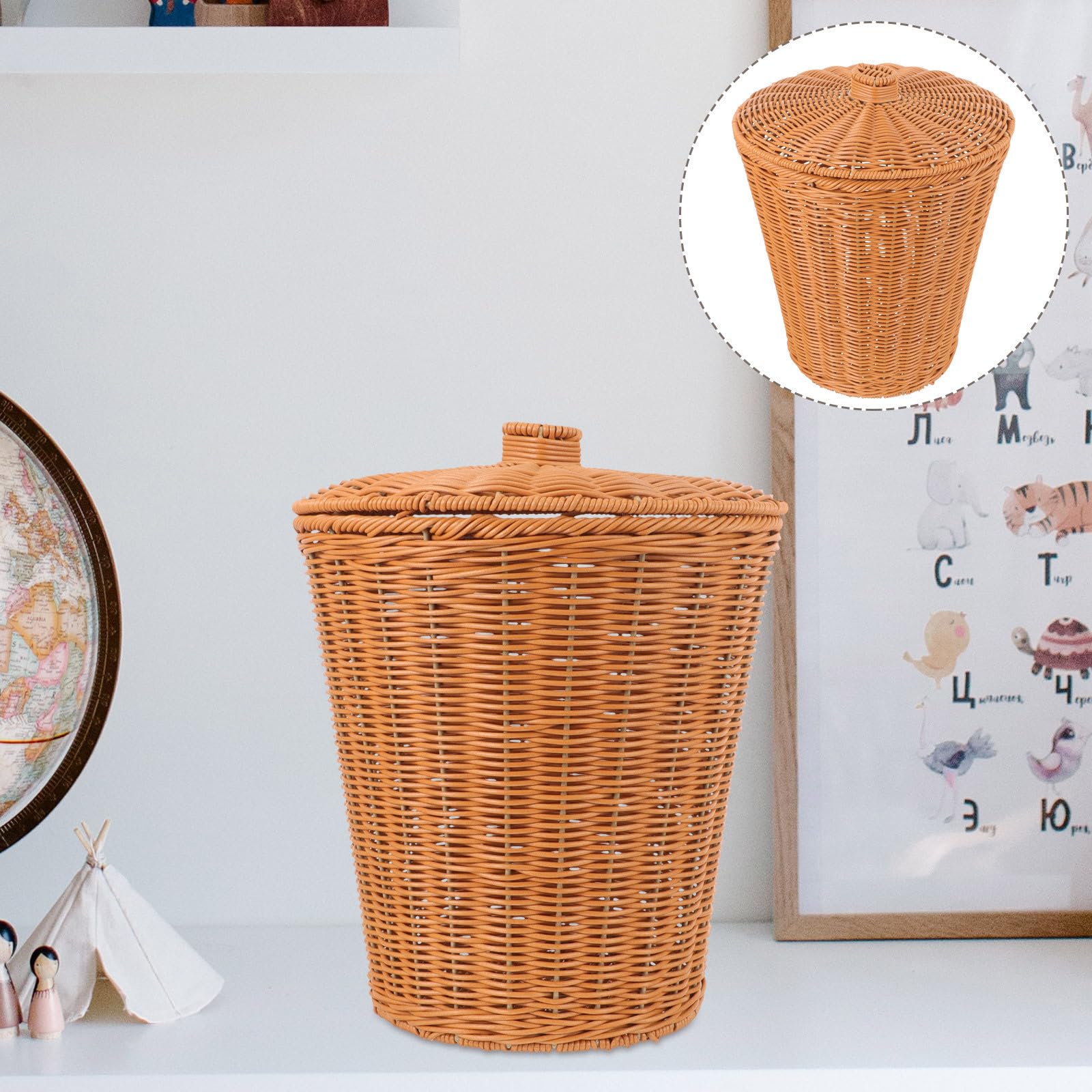 Cesto Rotondo Intrecciato in Plastico con Coperchio, Cestino Portaoggetti Multifunzionale Resistente alla Deformazione, per Decorazione e Lavanderia